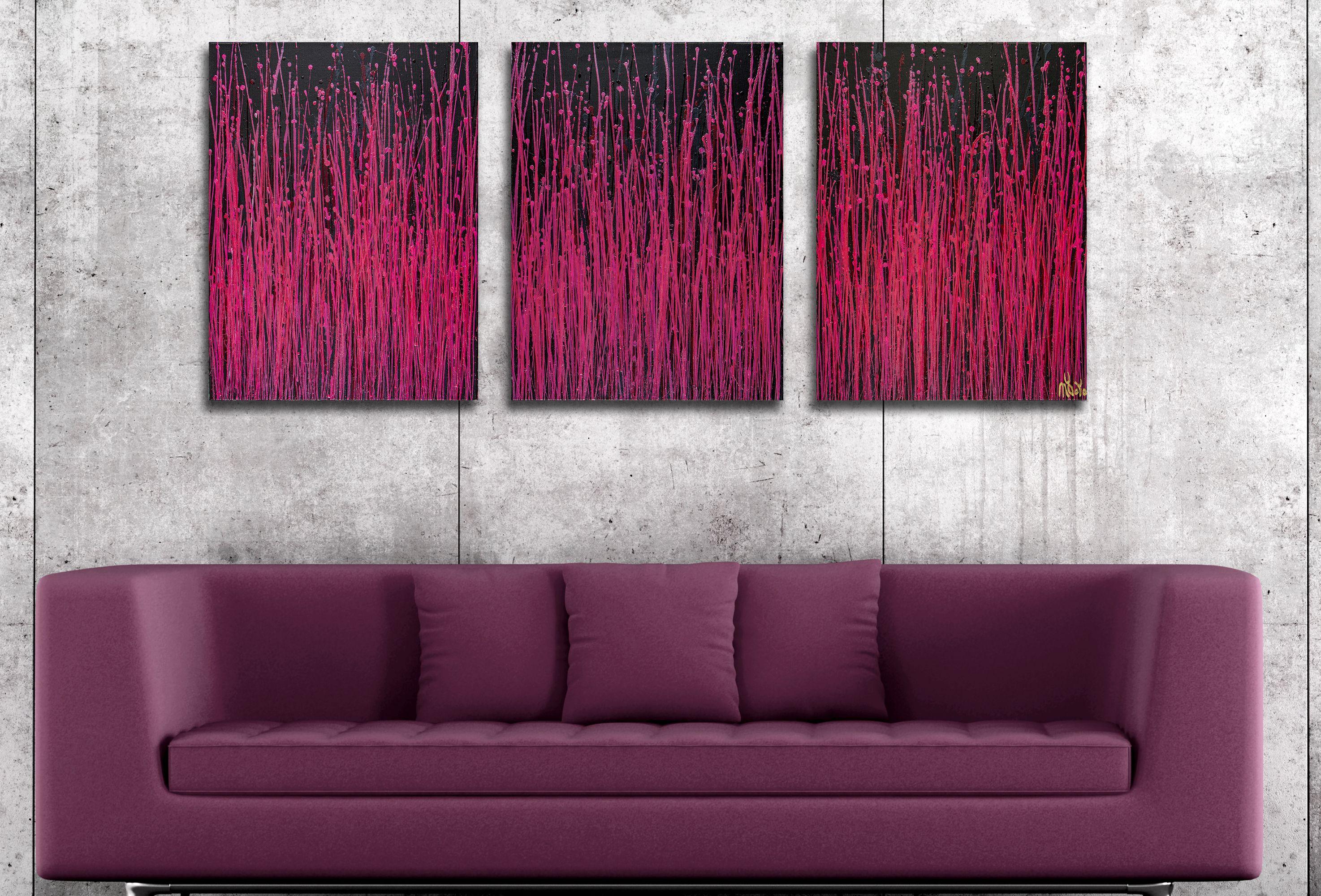 Three canvases 18W x 24 H x 1.5 in each.    Expressive contemporary modern abstract, bold, full of life, motion, gloss and shimmer! inspired by nature, shades of pink, red combined with mica particles. Ready to hang and signed on the last canvas.   