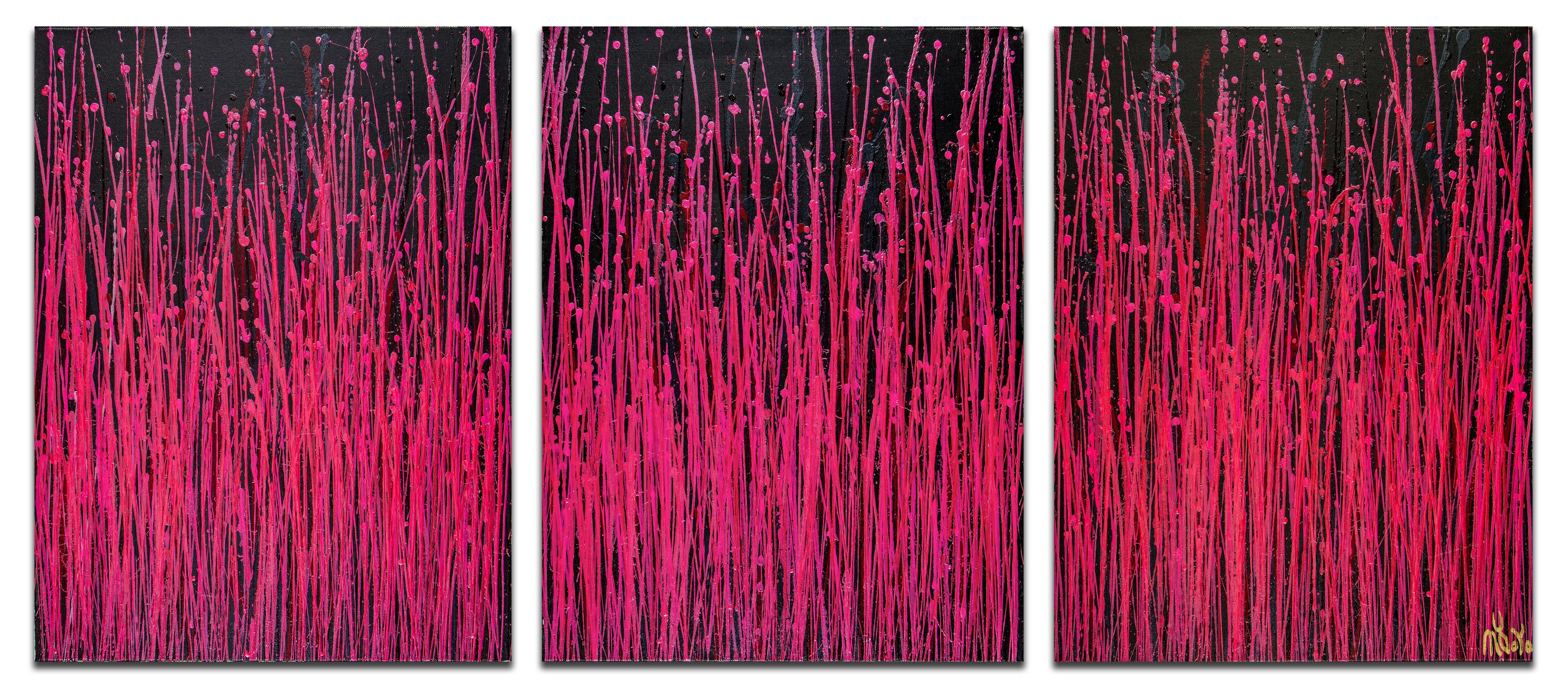 Tres lienzos de 18 x 24 x 1,5 pulg. cada uno.    Expresivo abstracto moderno contemporáneo, audaz, lleno de vida, movimiento, brillo y resplandor! inspirado en la naturaleza, tonos rosa, rojo combinados con partículas de mica. Listo para colgar y