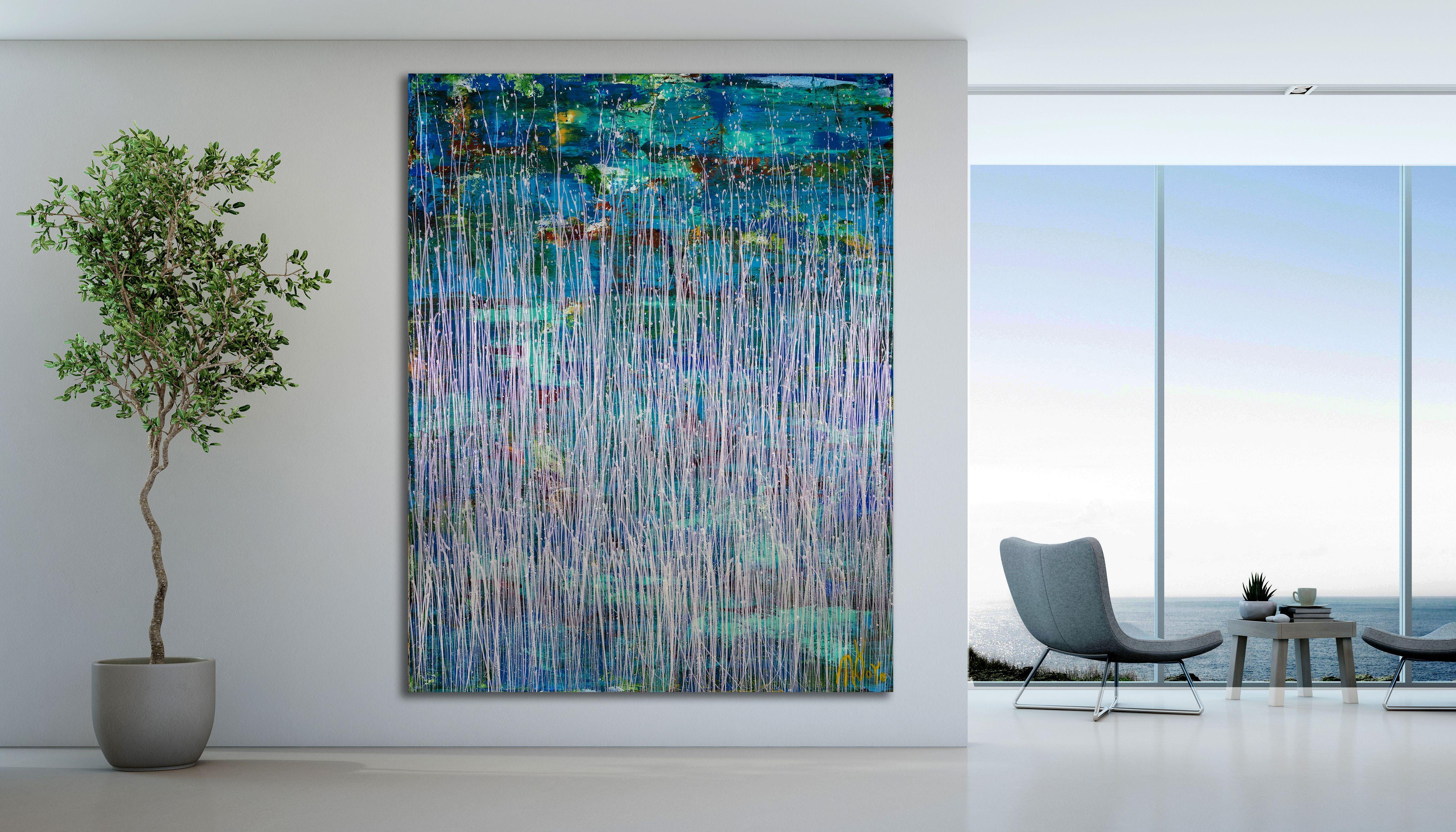 Painting: Acrylic on Canvas.    Expressive modern abstract, bold full of life, gloss and shimmer! inspired by nature, many shades of blue combined with burnt sienna, teal, yellow with iridescent silver and purple drizzles. Ready to hang and signed