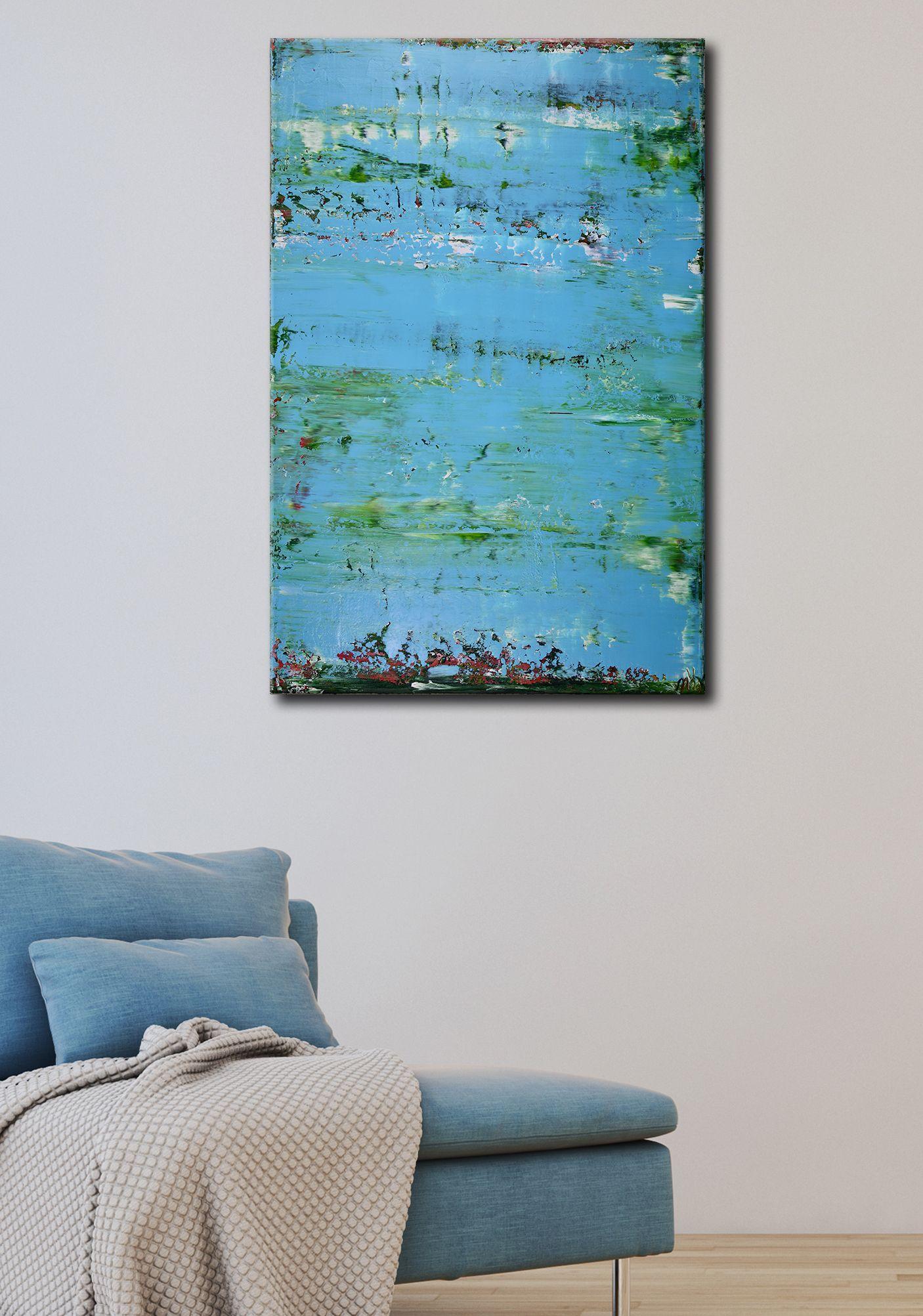 Bright blue abstract minimalist colorfield, bright, inspired by nature. Green and magenta details, this artwork was created using palette knifes and color blending. Arrives mounted in a wooden frame, signed in front and ready to hang!    I include a