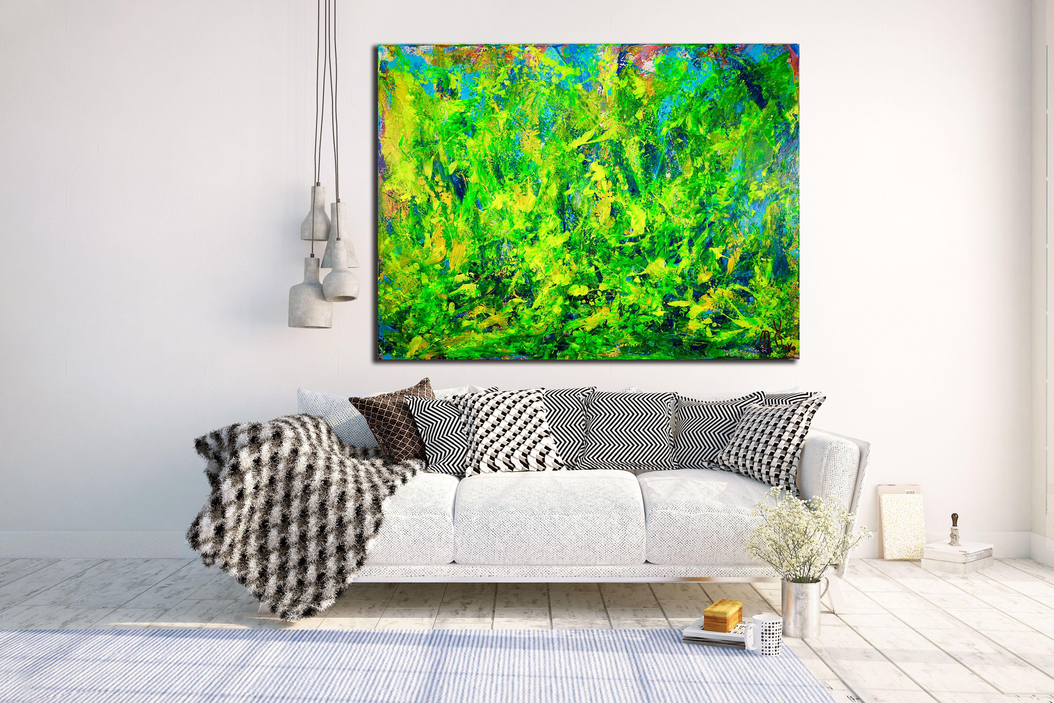 Cambiamenti - Paesaggio organico astratto giallo e traslucido, Pittura, Acrilico su tela - Abstract Painting Verde di Nestor Toro