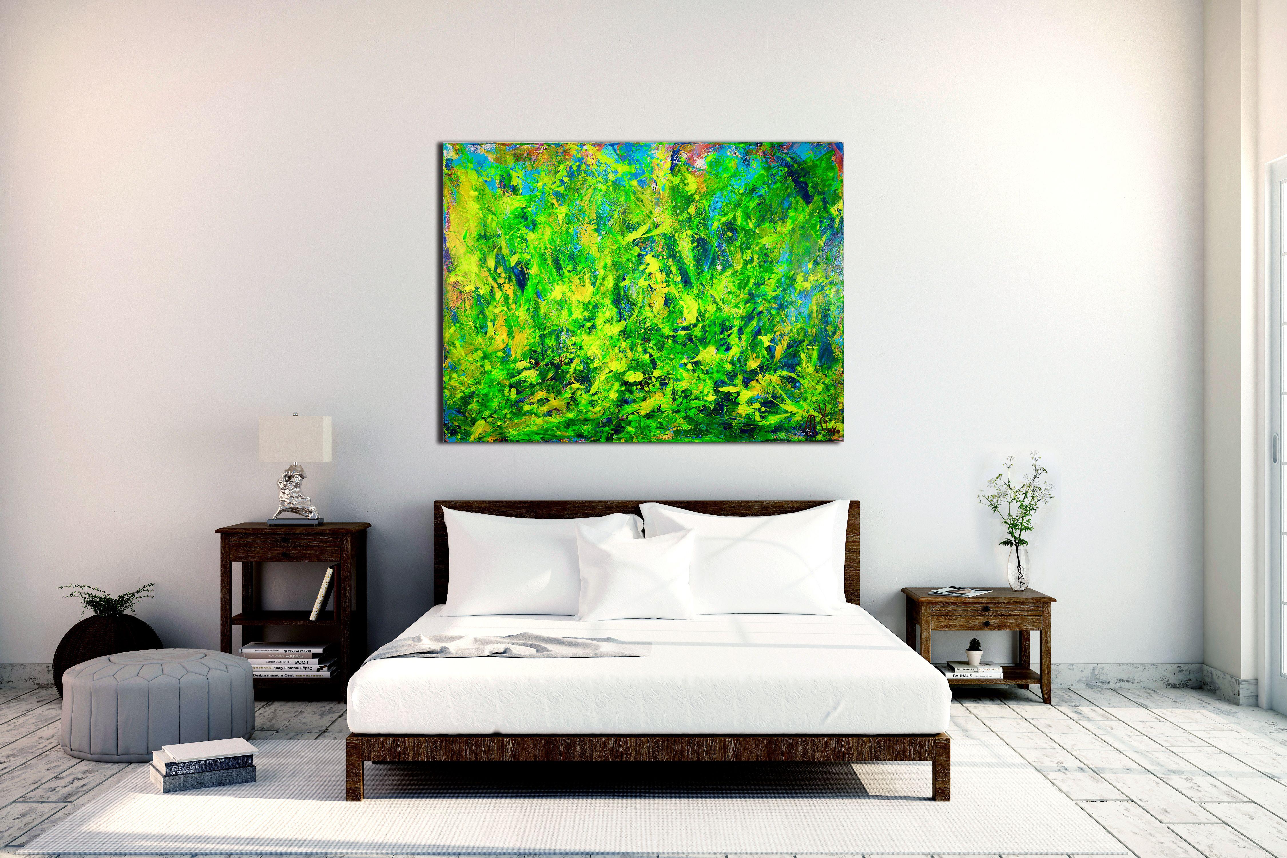 Changes-Translucent yellow organic abstract landsc, Painting, Acrylic on Canvas - Green Abstract Painting by Nestor Toro