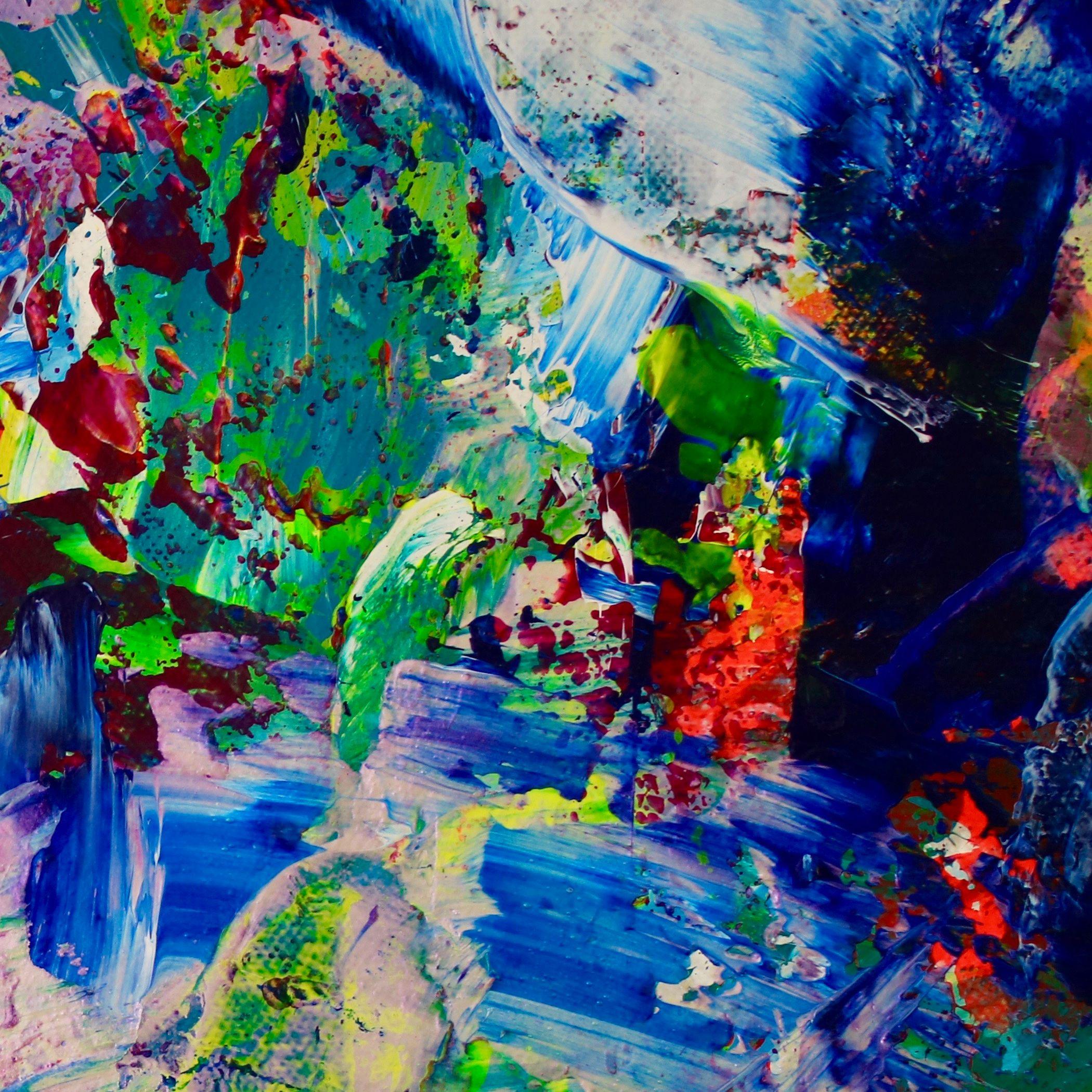 Blu astratti di grande impatto che contrastano con il verde, l'argento, il verde cangiante, il viola e il blu e il giallo con sfumature di magenta, arancione e rosa. Una vera e propria esplosione di colori, forme e texture.    Questo dipinto arriva