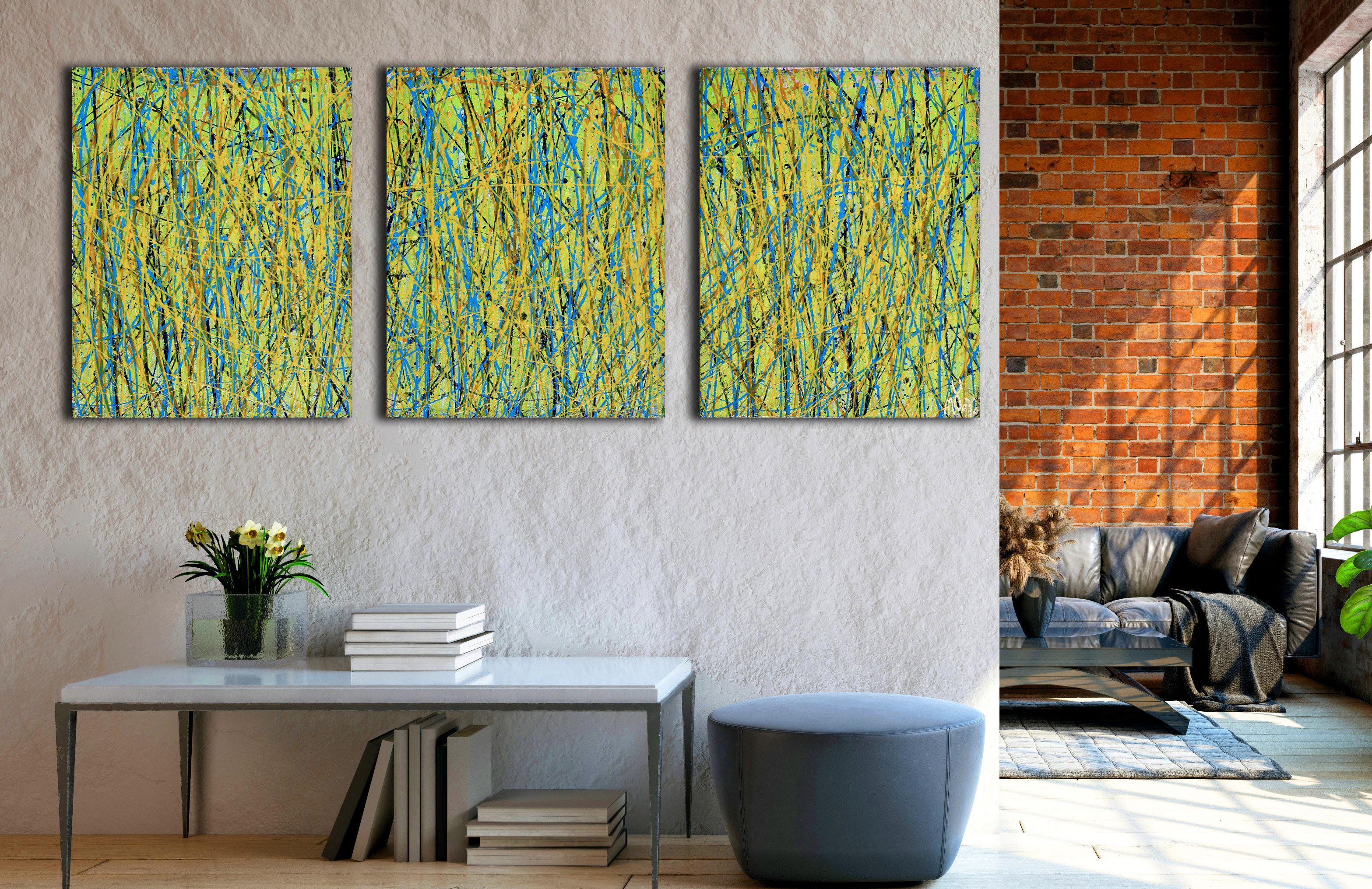 Three canvases16 W x 20 H x 1.5 in each.    Expressive contemporary modern abstract, bold, full of life, motion, gloss and shimmer! inspired by nature, shades of yellow, light blue, indigo and mint, all combined with mica particles. Ready to hang
