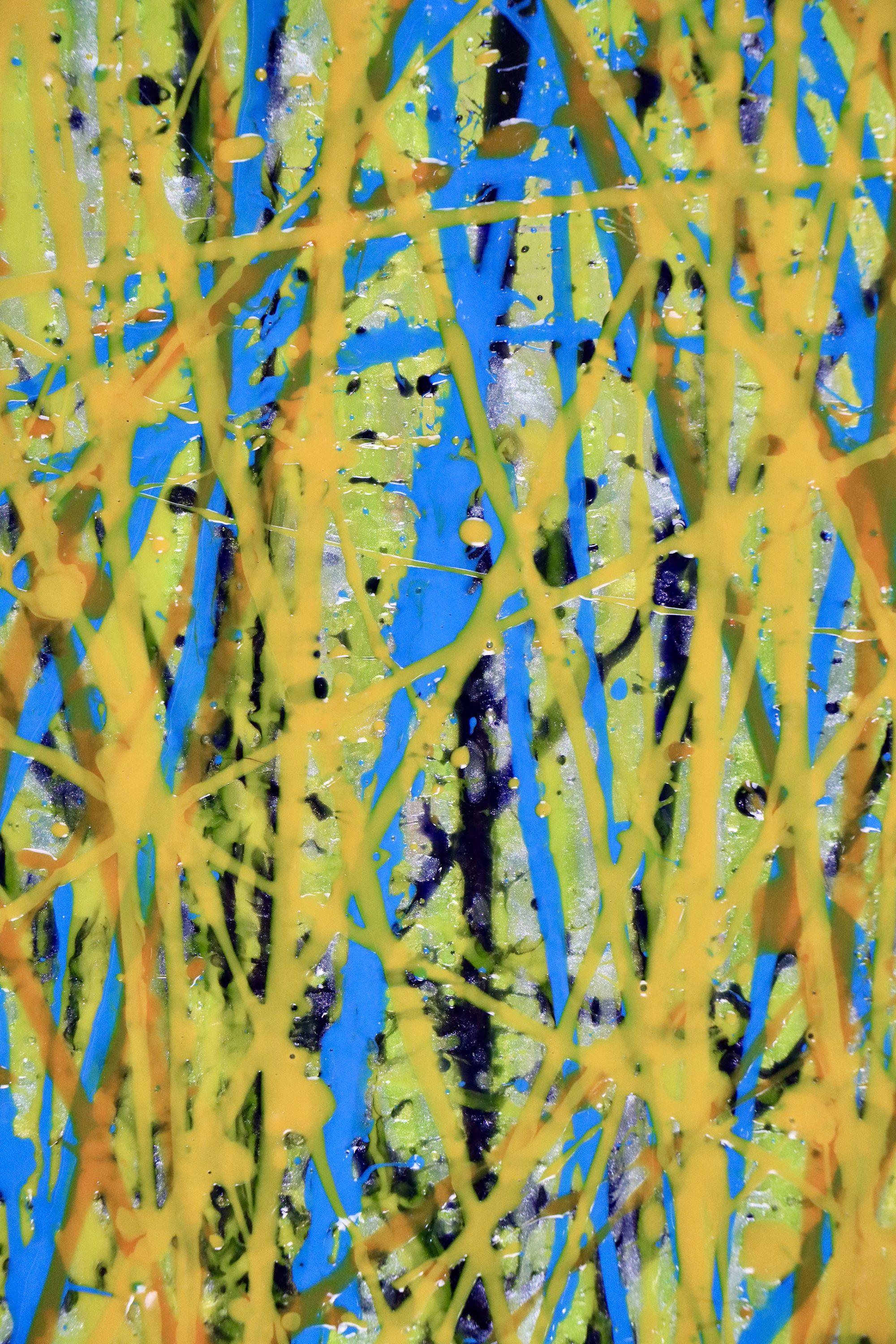 Drei Leinwände16 B x 20 H x 1,5 in jeder.    Ausdrucksstarkes, modernes, abstraktes Bild voller Leben, Bewegung, Glanz und Schimmer! Inspiriert von der Natur, in Gelb-, Hellblau-, Indigo- und Minttönen, kombiniert mit Glimmerpartikeln. Fertig zum