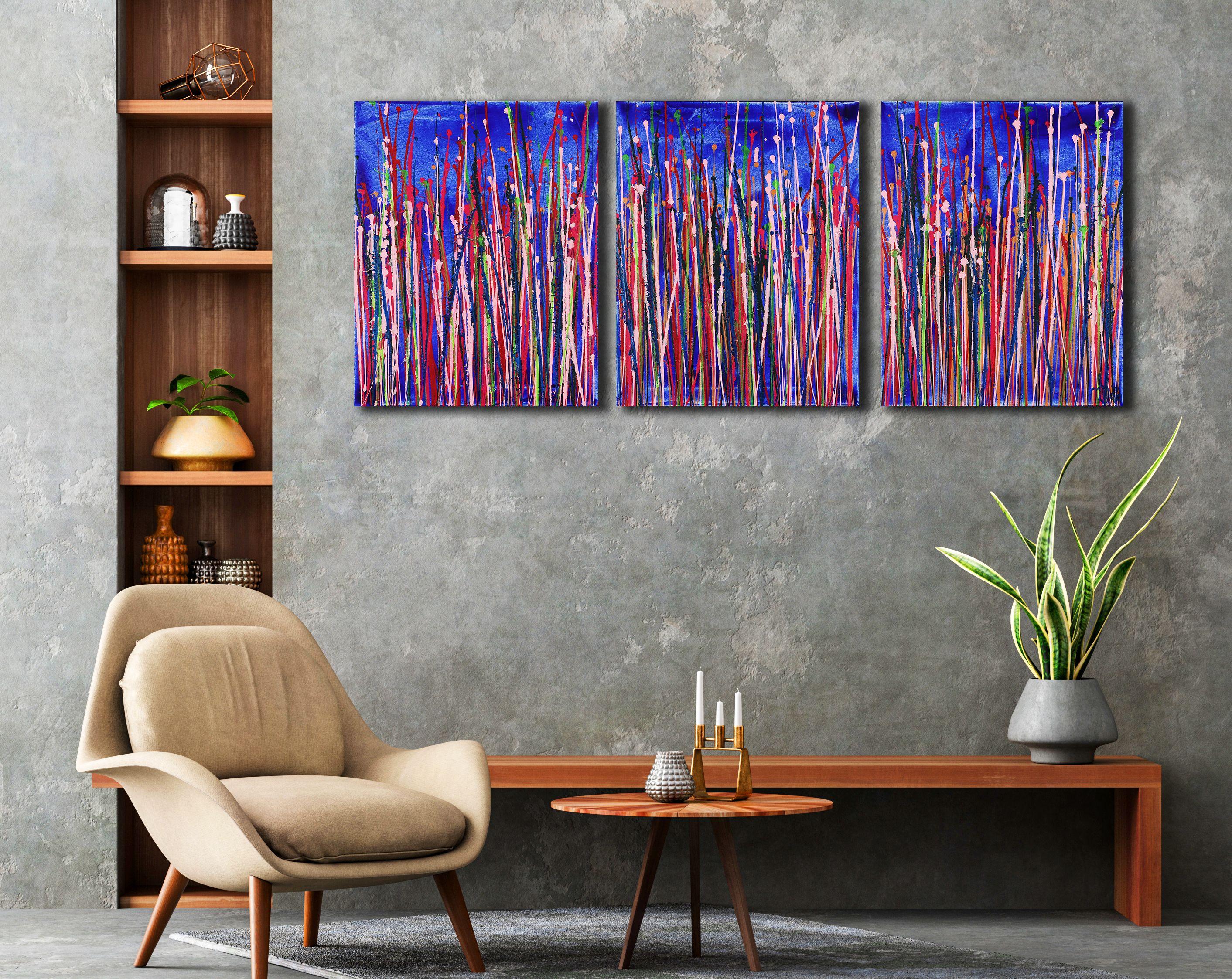 Painting: Acrylic on Canvas.    Three canvases16 W x 20 H x 0.7 in each.    Expressive modern abstract, bold full of life, gloss and shimmer! inspired by nature, many colors combined with mica particles. Green, blue, magenta, purple, pink and clear