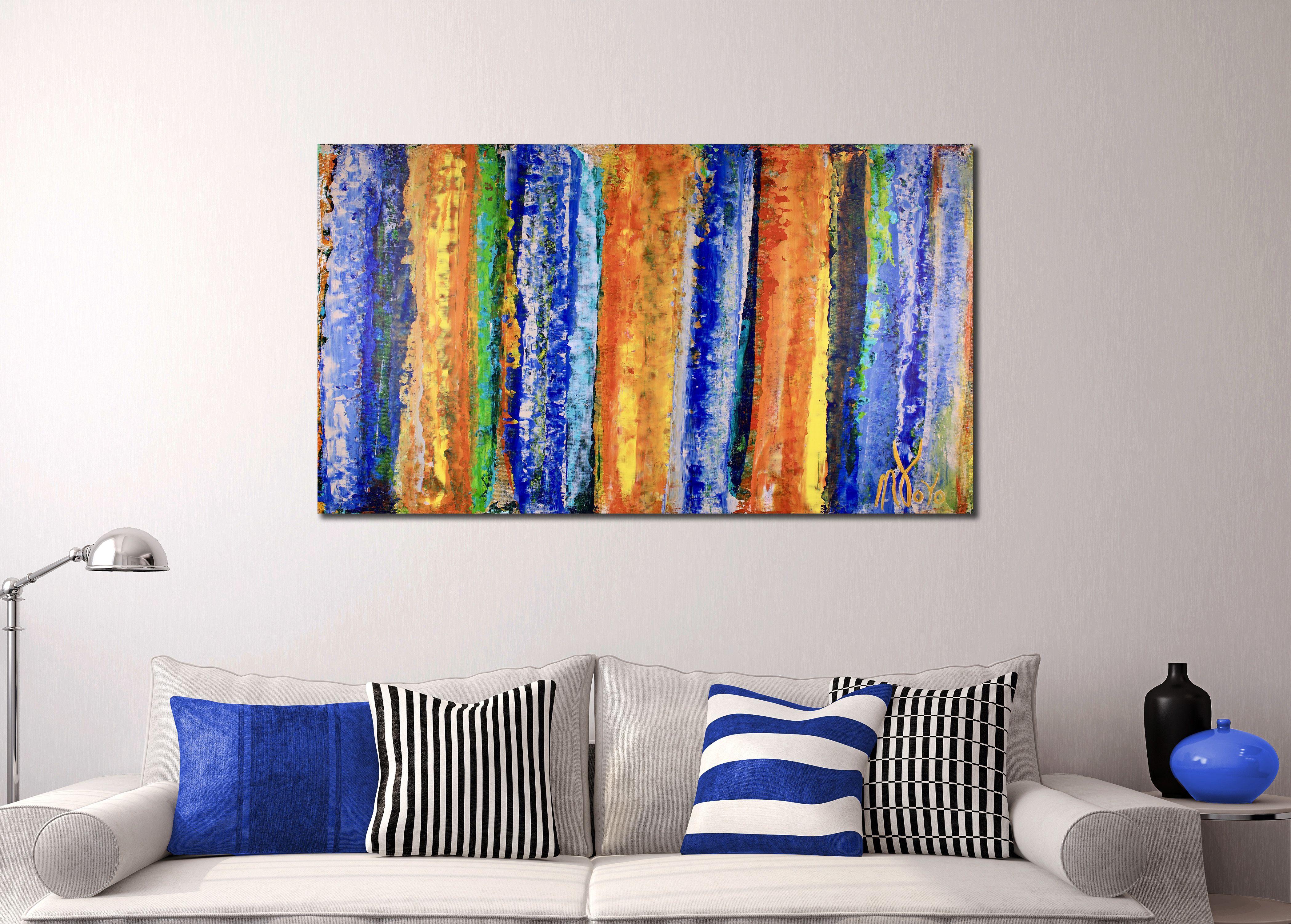 Brillante campo di colori acrilici astratti. Tante sfumature di colore e una pittura molto contemplativa. I colori includono arancione, verde, giallo e blu. Un dipinto astratto molto espressivo. Firmato.     Realizzato su una tela sciolta di alta