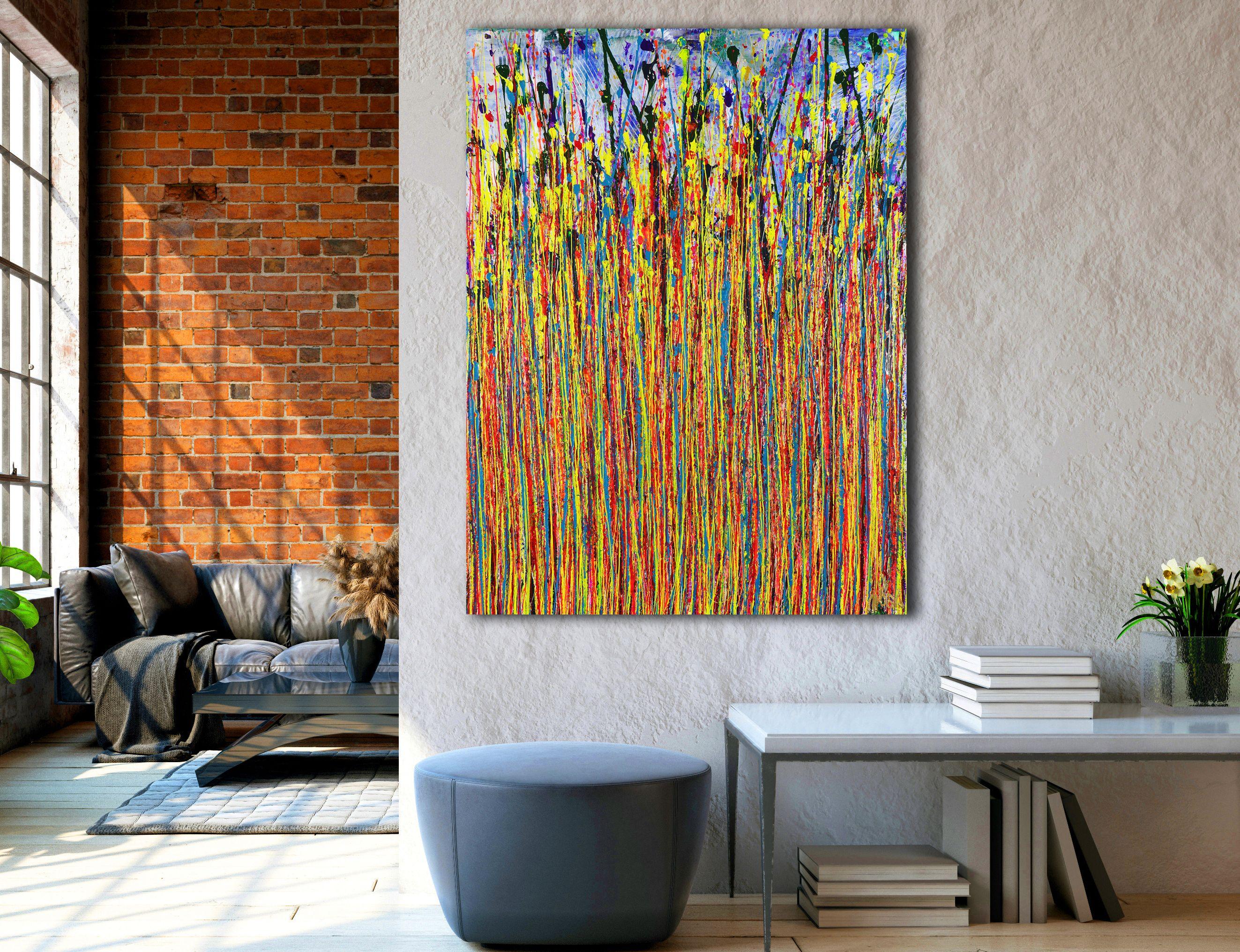 Original artwork description:    Expressive modern abstract, bold full of life, gloss and shimmer! inspired by nature, many shades combined with mica particles and iridescent silver drizzles. Ready to hang and signed.    I include a certificate of