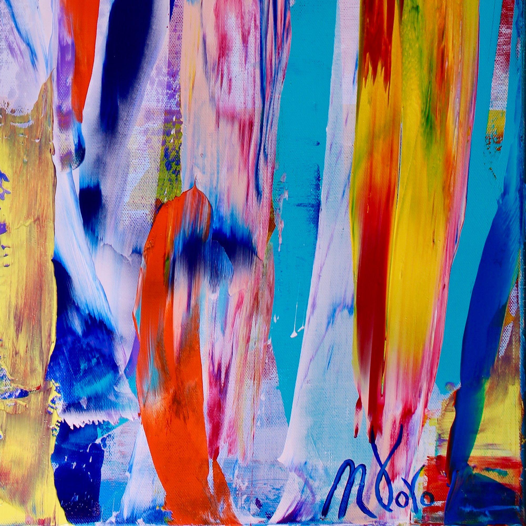 Pintura muy vibrante y brillante con los colores del verano. Para esta pieza utilizo principalmente espátulas y tonos de pintura atrevidos una y otra vez, azul vivo, naranja y muchos tonos de amarillo. mucha energía en esta pieza y una sensación muy