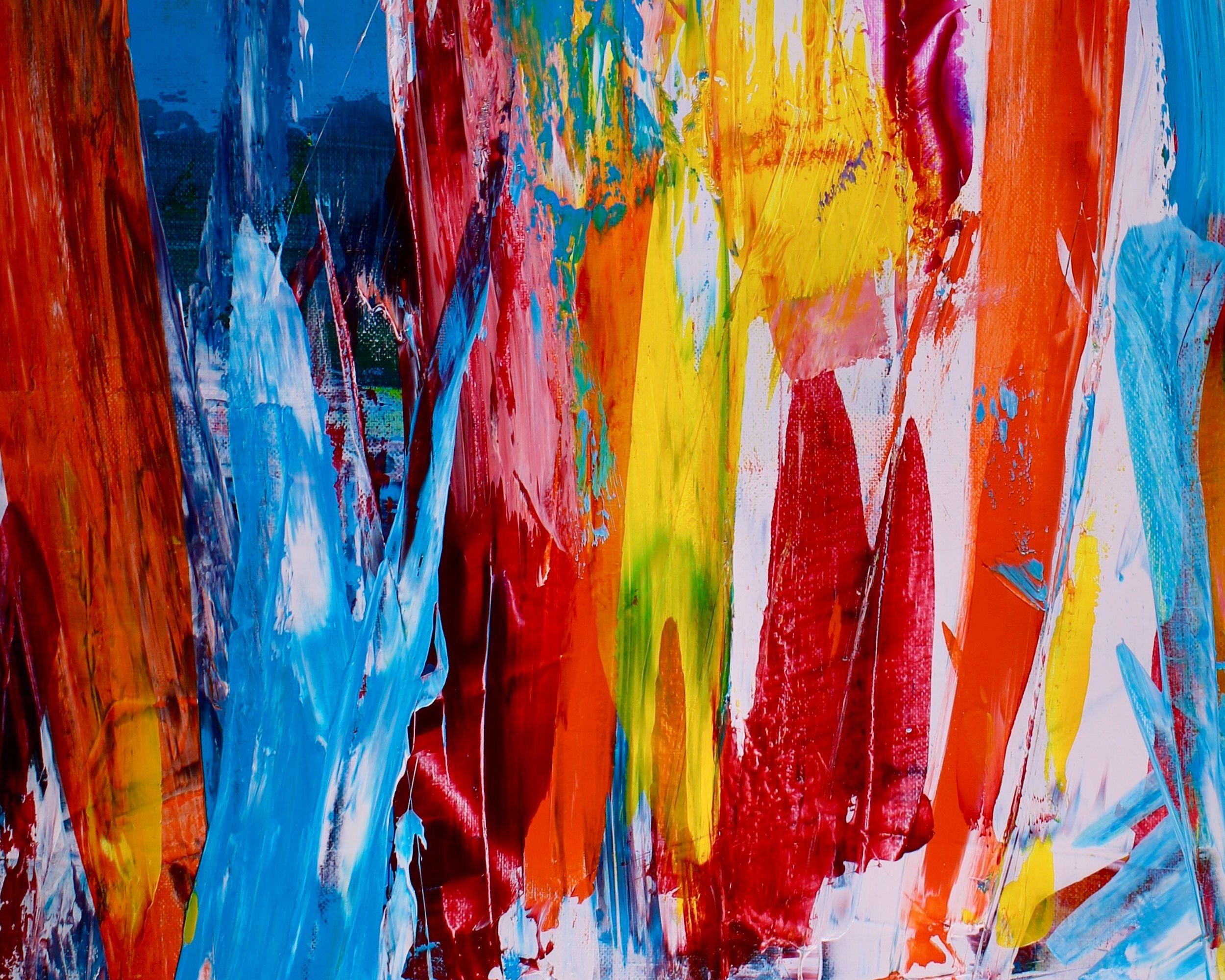 Un dipinto molto vivace e luminoso con i colori dell'estate. Per quest'opera ho utilizzato principalmente spatole e toni di pittura audaci, più e più volte, blu vivaci, arancioni e molte sfumature di giallo. Firmato e pronto da appendere.   