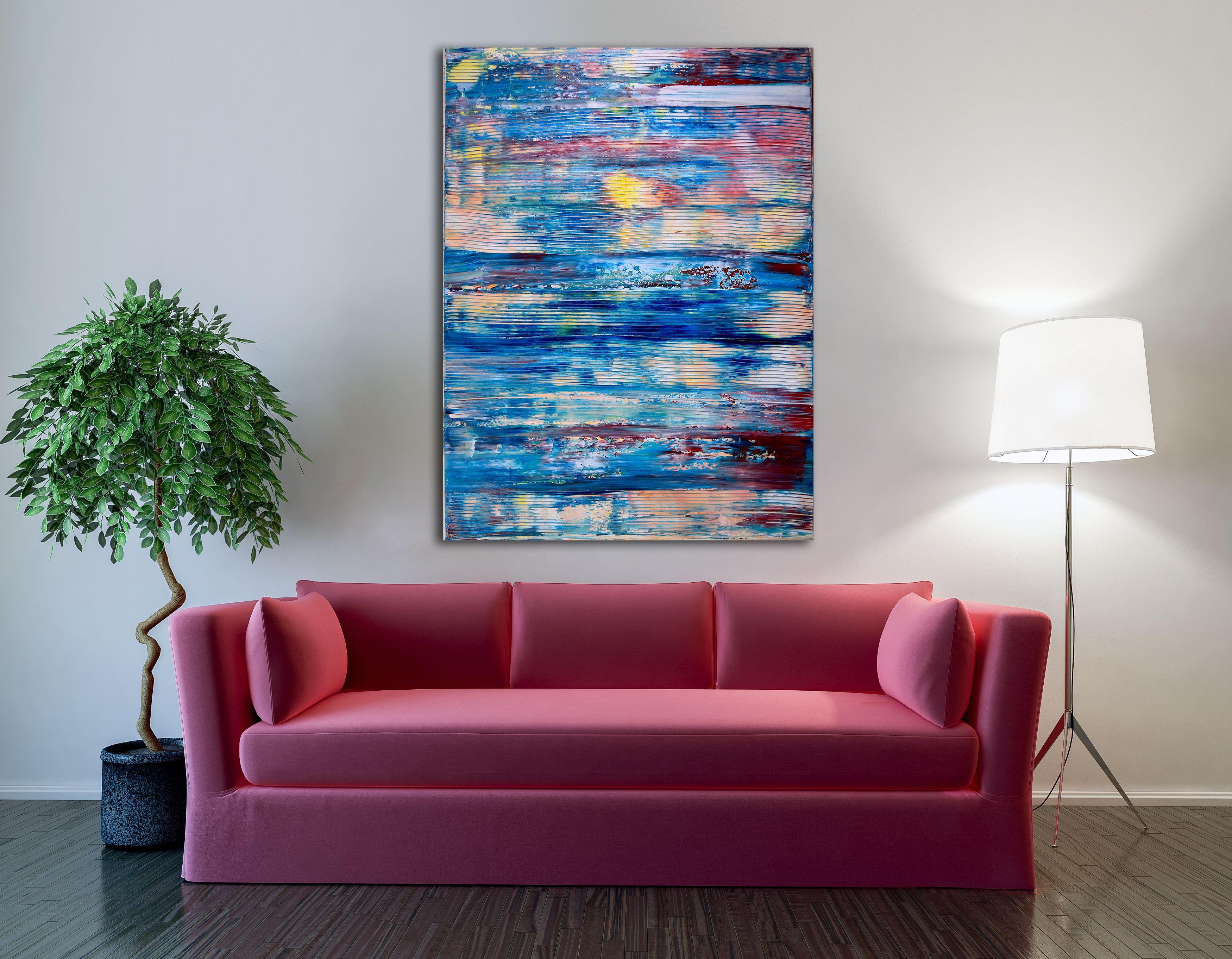 Thick layered colorfield style piece with vibrant shades of blue, yellow undertones and gestural green paint strikes. Contemplative, calming feel and lots of depth. High quality Golden acrylics and UV gloss enamel protected. Very uplifting and