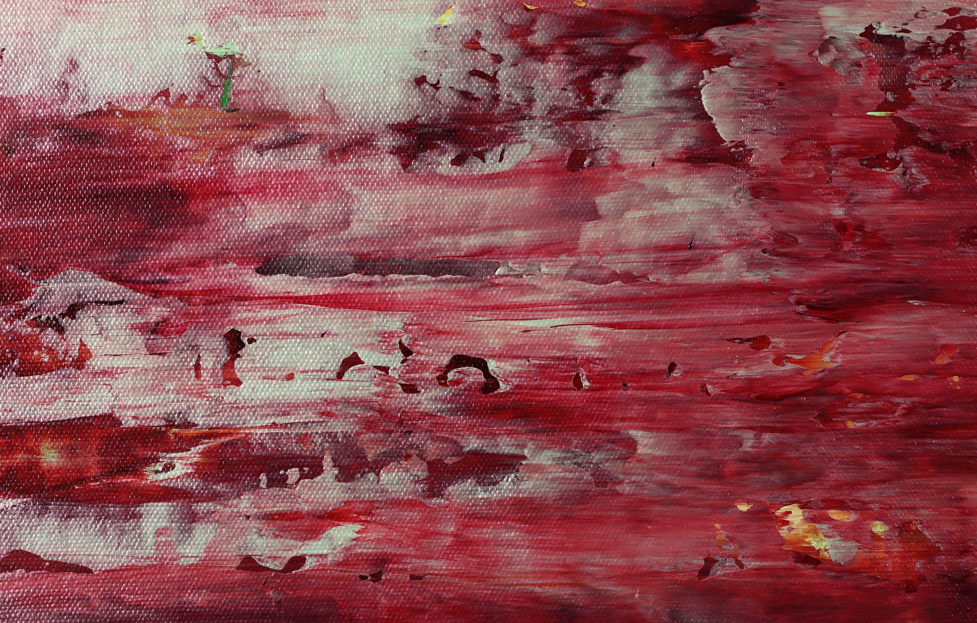 Pintura abstracta moderna con muchas lloviznas dinámicas en colores iridiscentes, rojo anaranjado, azul índigo, morado sobre índigo texturizado. Firmado delante.  Dimensiones sin enmarcar 32An x 36Al    Este cuadro abstracto original, único en su