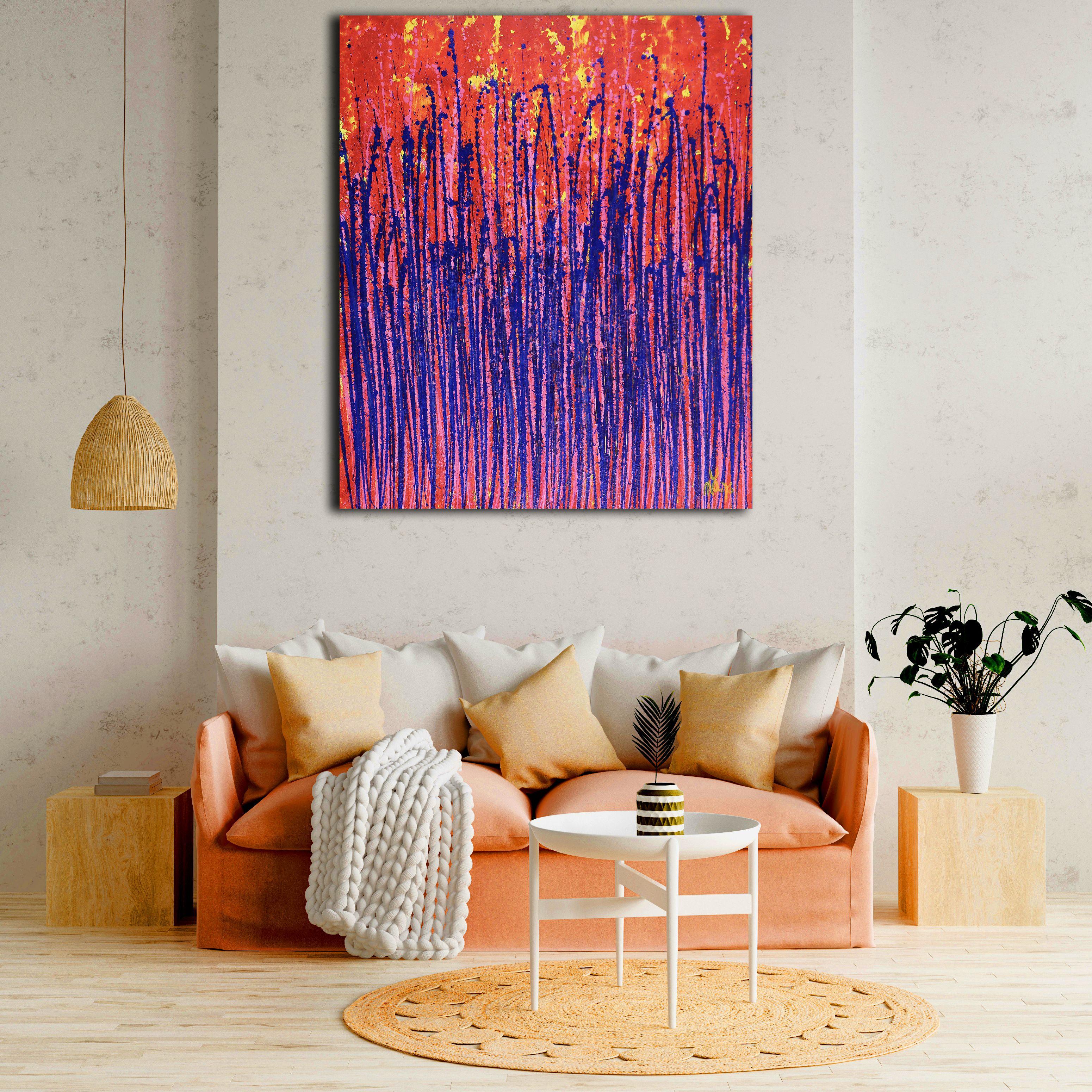 Vibrant abstract painting with many action drizzles in vibrant metallic blue, orange, green and iridescent clear gold paint, over vivid orange background. Signed in front.    I include a certificate of authenticity that lists the materials as well