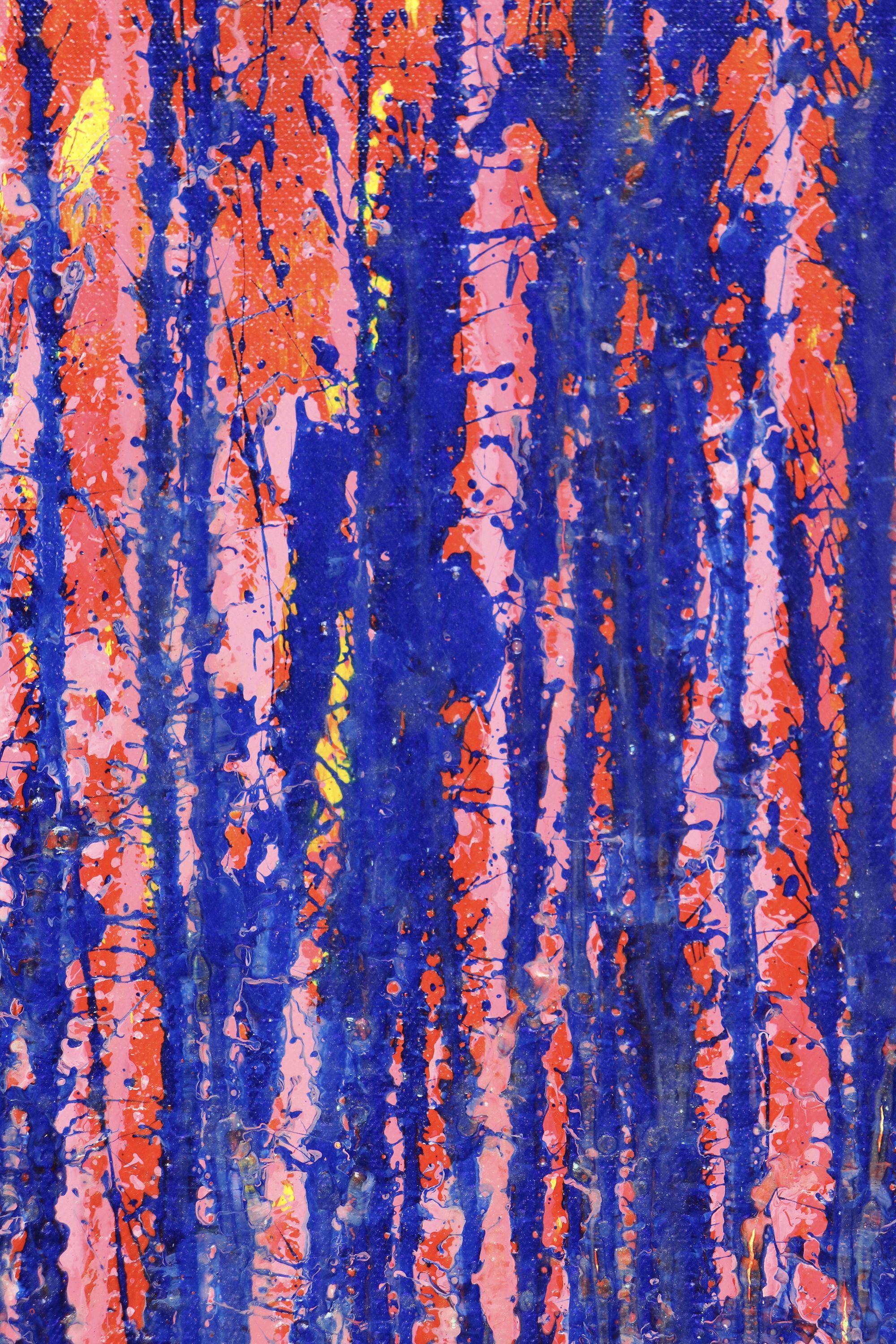 Lebendiges abstraktes Gemälde mit vielen Sprühstößen in leuchtendem Metallic-Blau, Orange, Grün und irisierendem, klarem Gold auf leuchtend orangem Hintergrund. Vorne signiert.    Ich lege ein Echtheitszertifikat bei, in dem die Materialien sowie