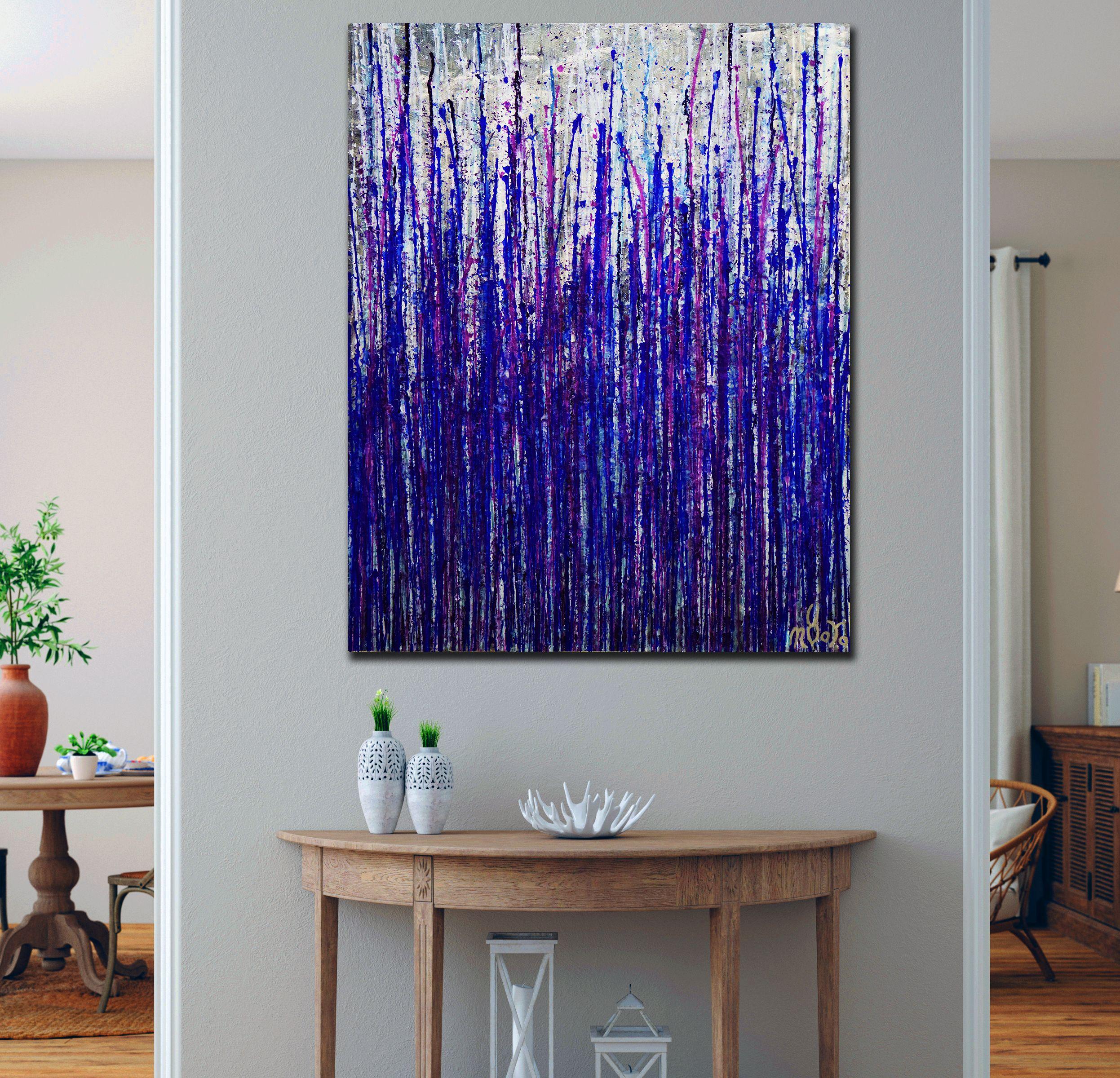 Vibrant expressionistic Inspired by nature. Abstract and intuitive, shades of purple from muted to bright glossy Violet with metallic details in blue, iridescent silver and some magenta. Deep edge canvas, signed in front in silver ink.    I include