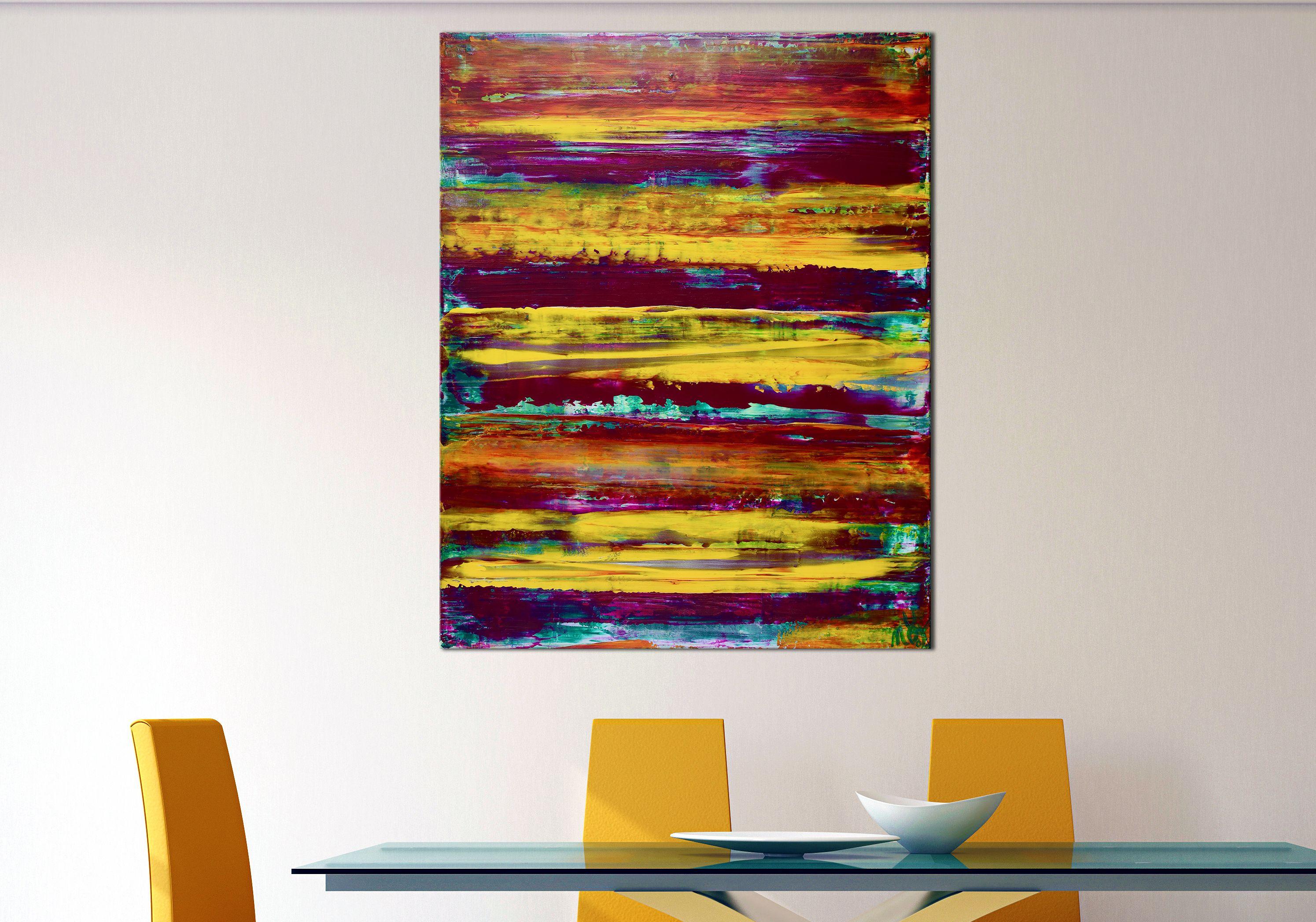 STRIKING COLOR BLENDING!!    Bold color combination and organic stripes, Yellow, purple and aqua green. This painting arrives mounted and ready to hang. Signed in front.    This original one of a kind abstract painting was created by international