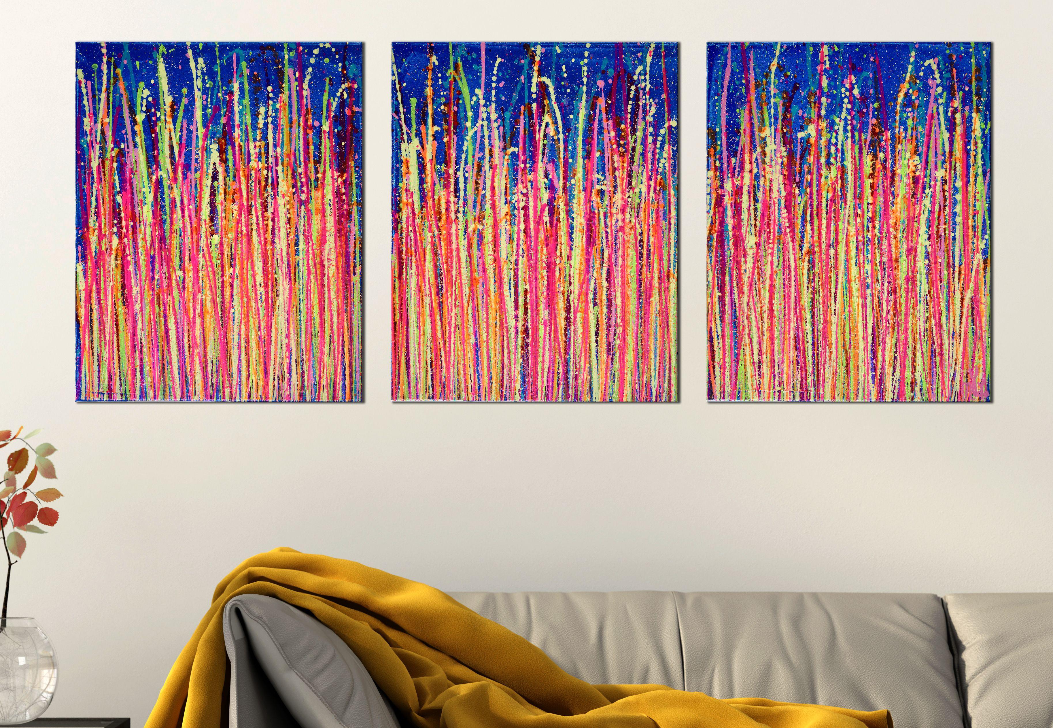 Multi canvas 16 W x 20 H x 0.7 in each.    Bright colors! over deep blue. Pink, neon pink, yellow gold, green and bright orange. This painting arrives ready to hang and signed in front.    I include a certificate of authenticity that lists the