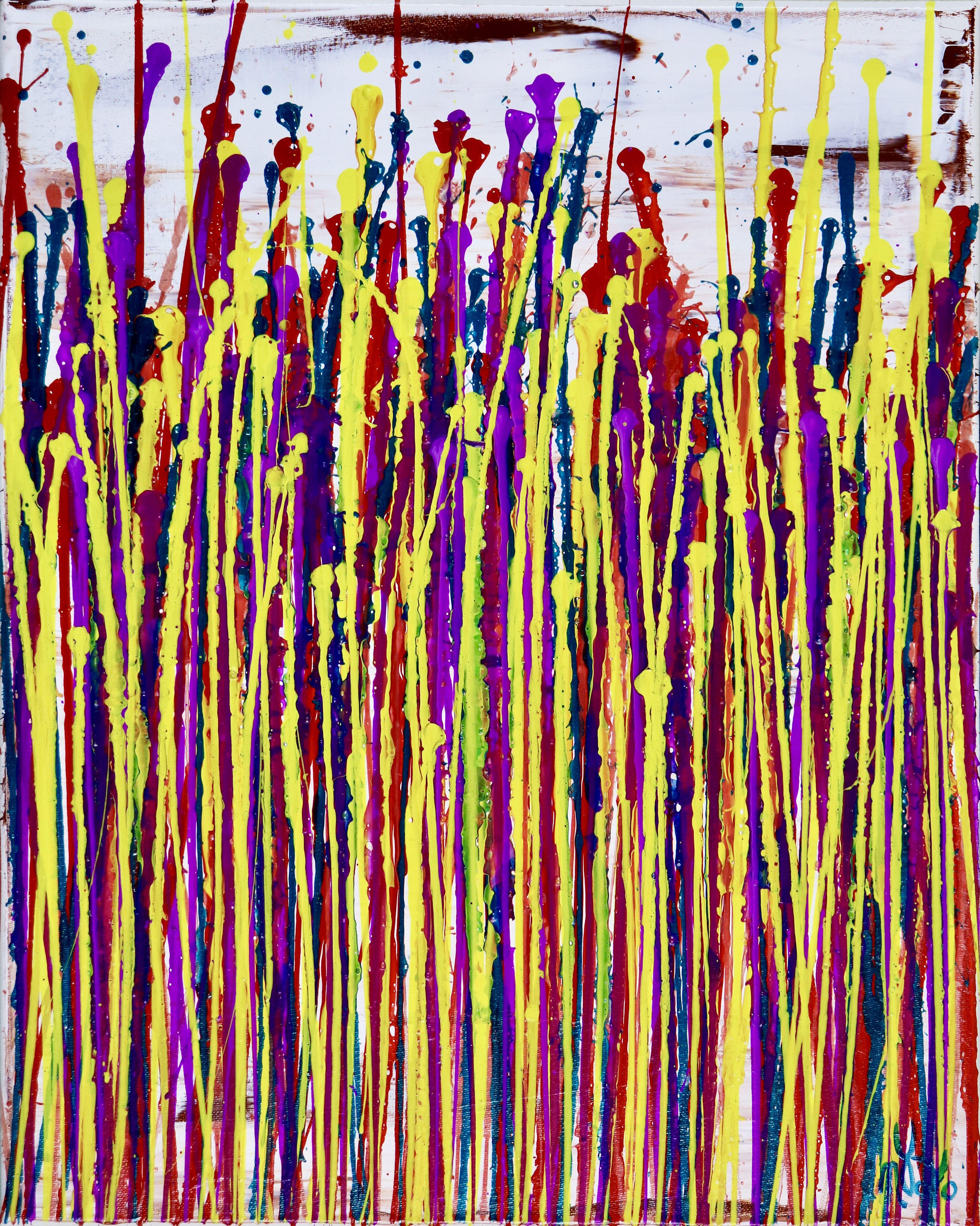 Three canvases 16 W x 20 H x 0.7 in each.  Acrylic on canvas    Expressive, bold full of live and shimmer! inspired by nature, many colors combined with mica particles. White, red, yellow, purple and metallic teal. Ready to hang and signed on the