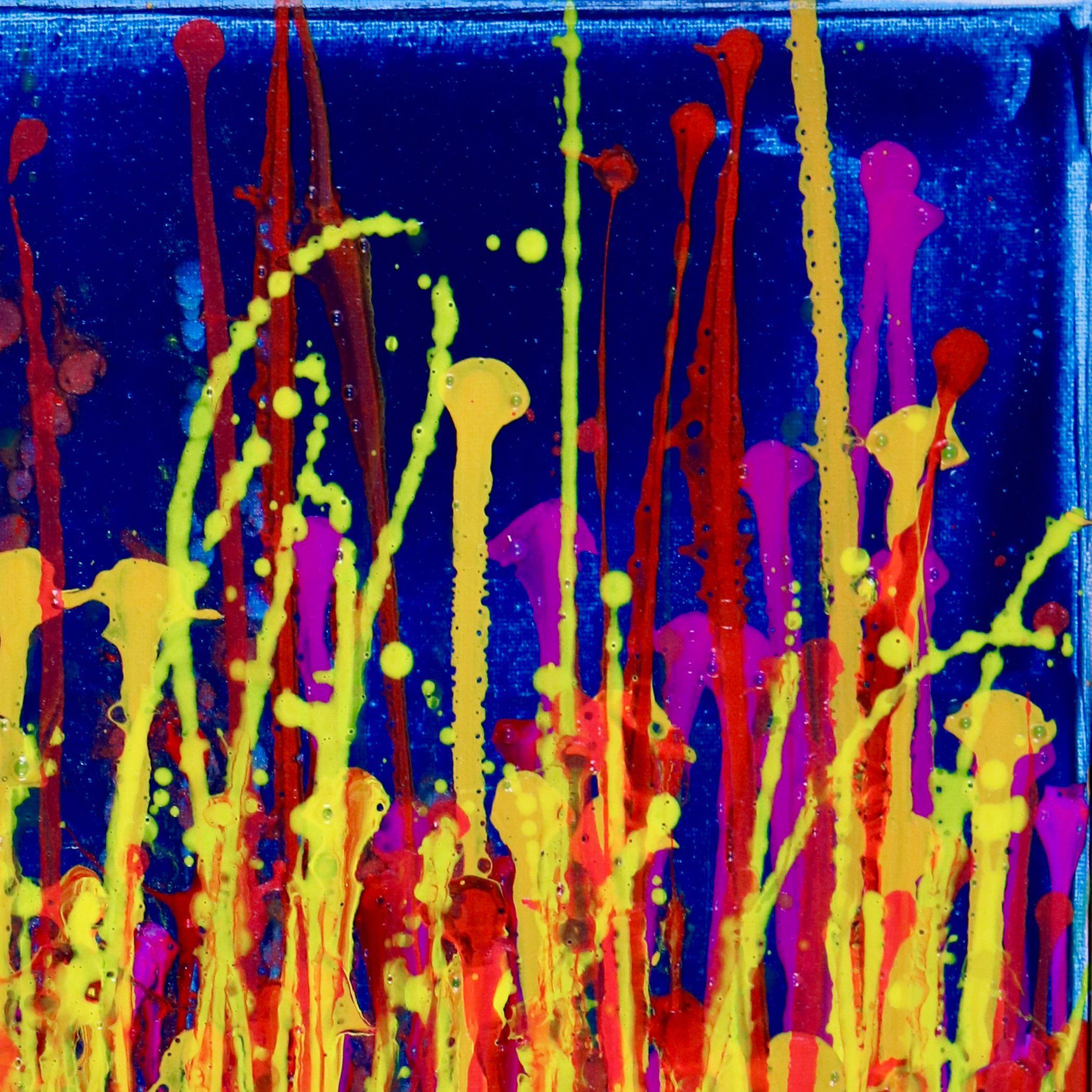 Three canvases 16 W x 20 H x 0.7 in each.  Acrylic on canvas    Three canvases16 W x 20 H x 0.7 in each. Expressive, bold full of live and shimmer! inspired by nature, many colors combined with mica particles. Red, yellow and purple over deep blue