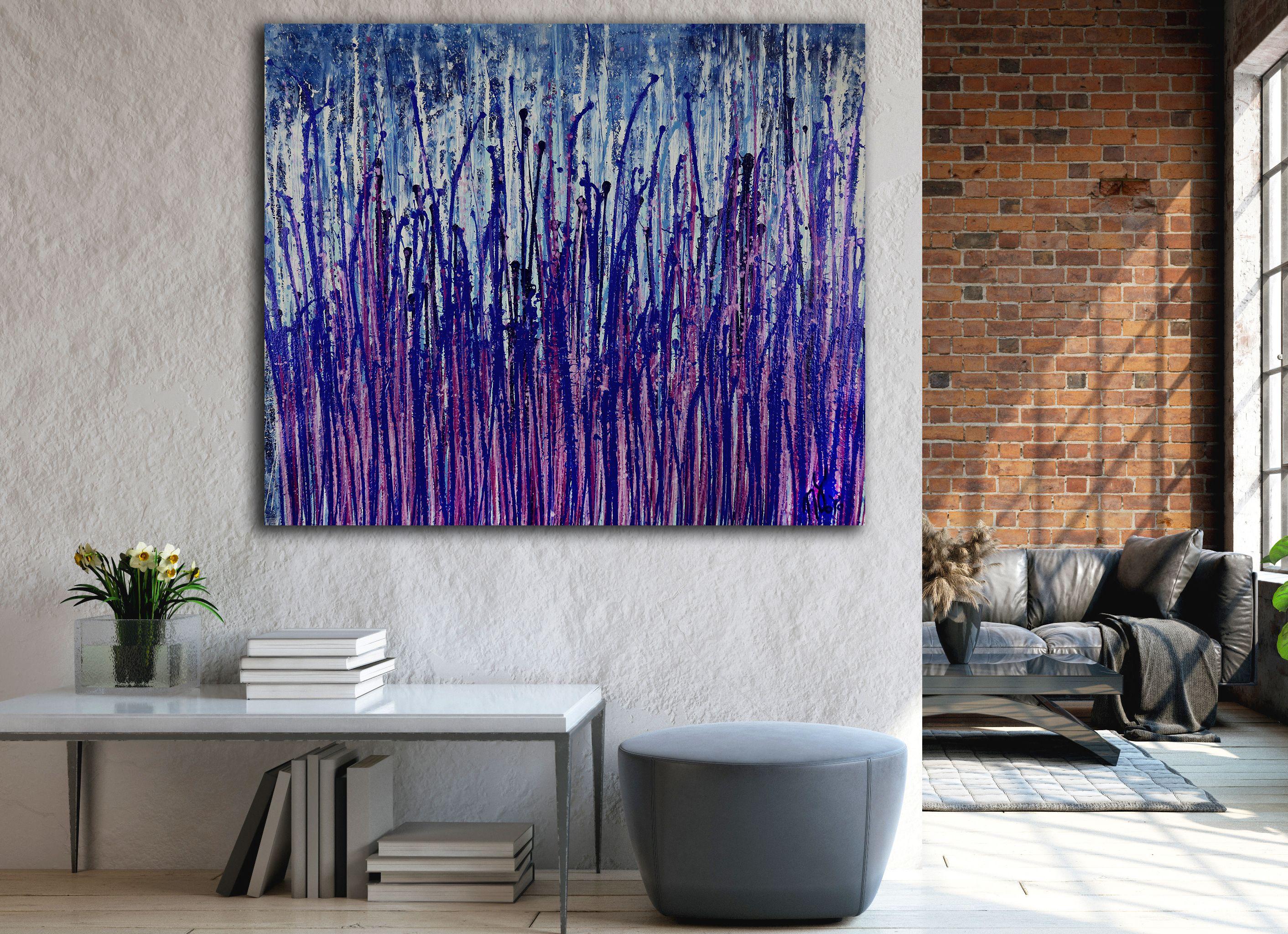 Quadro astratto vibrante con numerosi gocce d'azione in blu metallizzato, viola iridescente e vernice trasparente iridescente, su sfondo bianco e blu. Firmato davanti.    Includo un certificato di autenticità che elenca i materiali e la data di