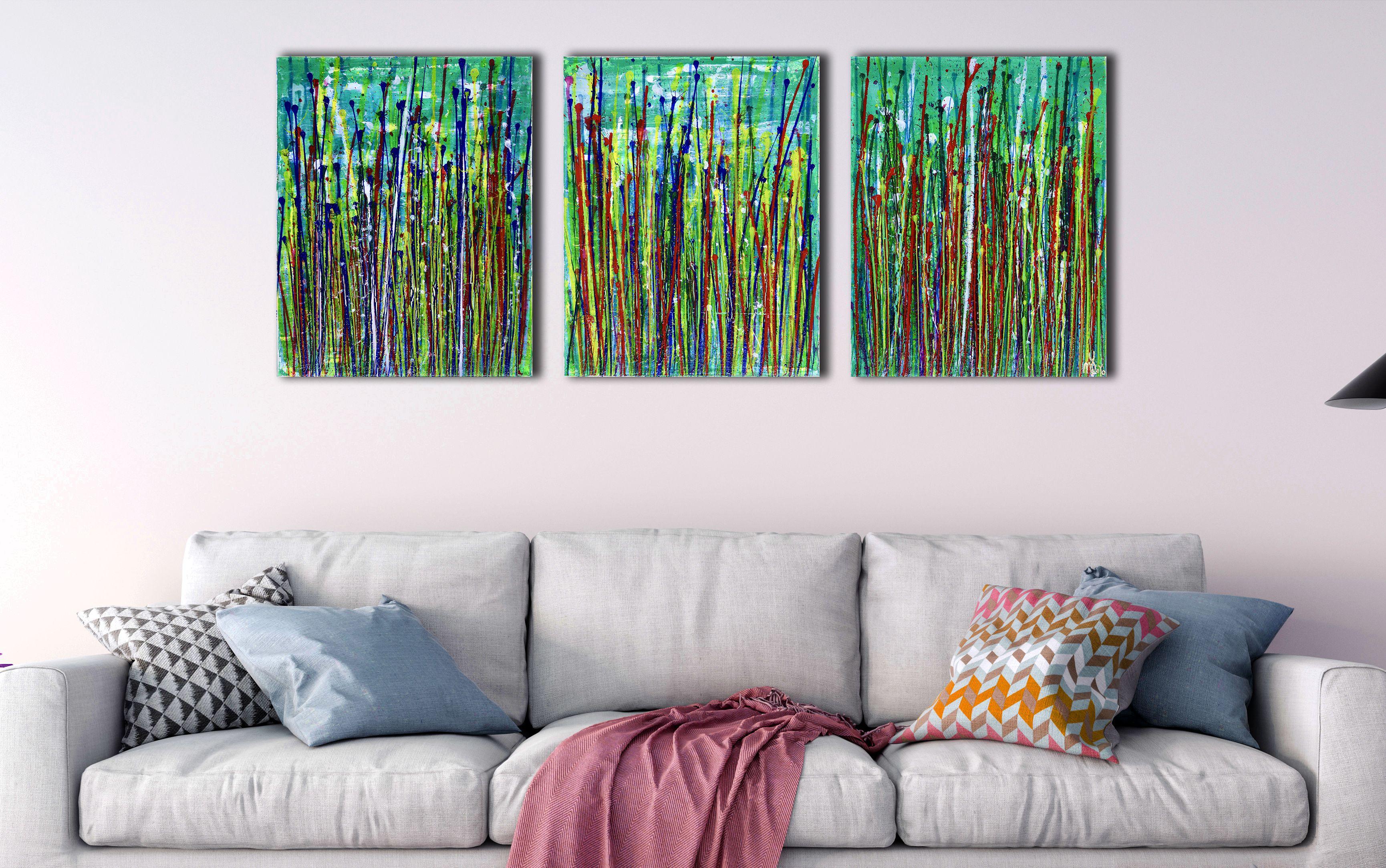 Three canvases16 W x 20 H x 0.7 in each.    Expressive modern abstract, bold full of life, gloss and shimmer! inspired by nature, many colors combined with mica particles. Yellow, blue, red, clear paint over bright green. Ready to hang and signed on