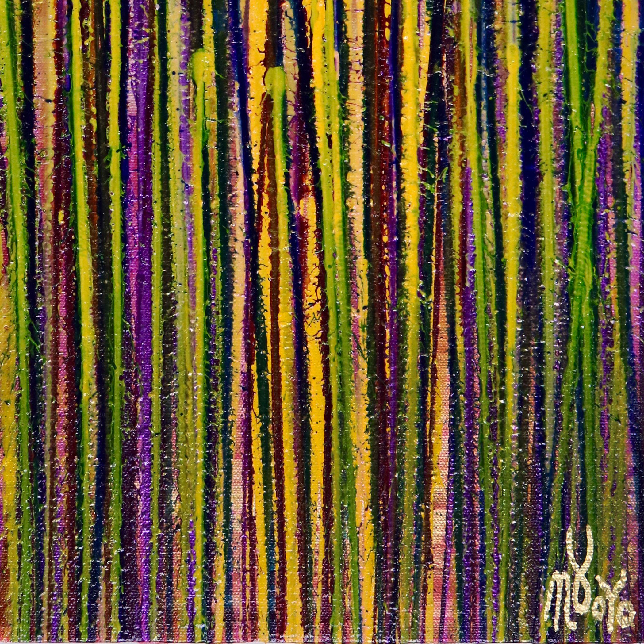 Three canvases16 W x 20 H x 0.7 in each.    Expressive modern abstract, bold full of life, gloss and shimmer! inspired by nature, many colors combined with mica particles. Yellow, blue, purple, gold, clear paint over iridescent mauve. Ready to hang