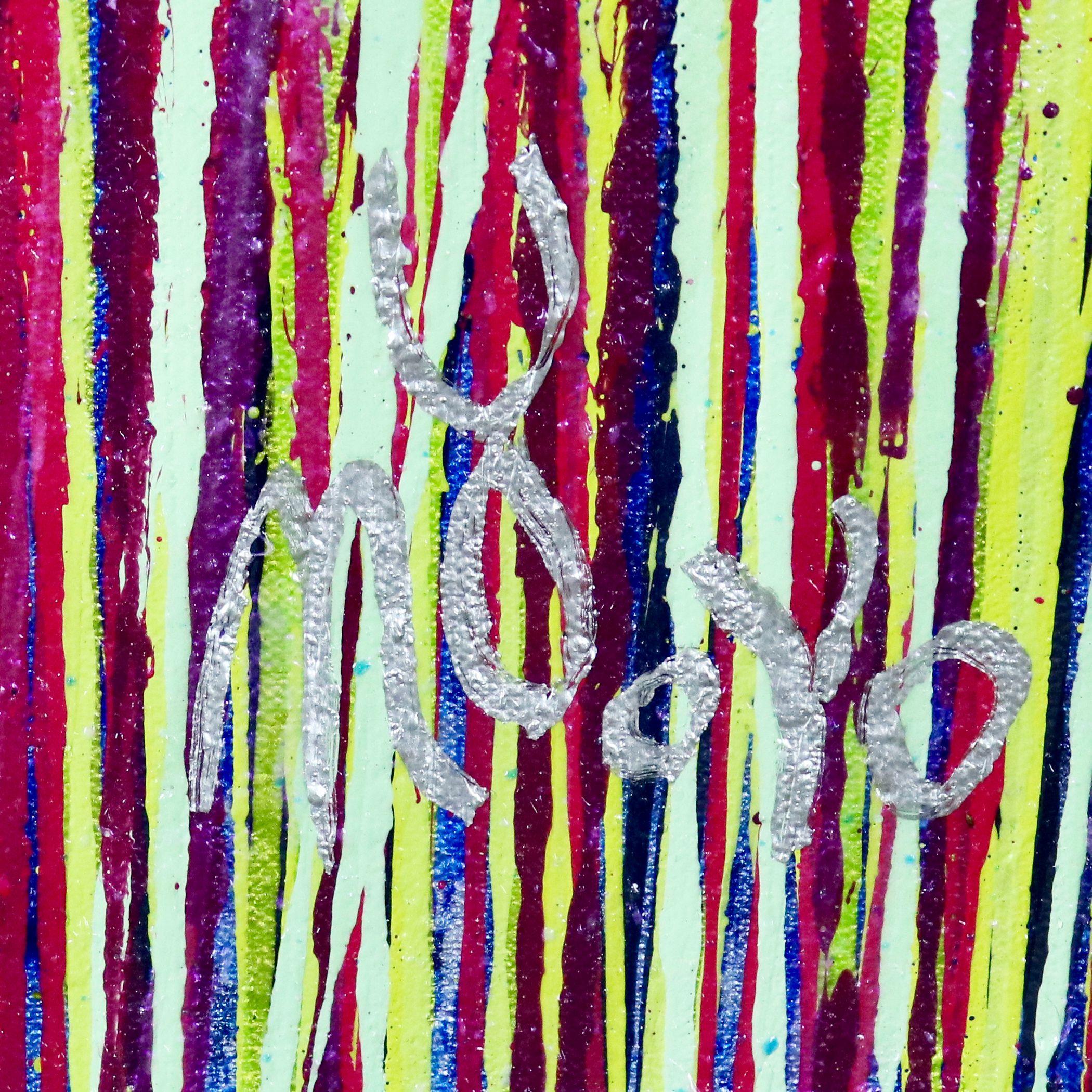 Expresivo abstracto moderno iridiscente, audaz lleno de vida, brillo y resplandor! inspirado en la naturaleza, muchos colores combinados con partículas de mica. tonos de verde, morado, verde amarillo, pintura transparente sobre azul iridiscente.