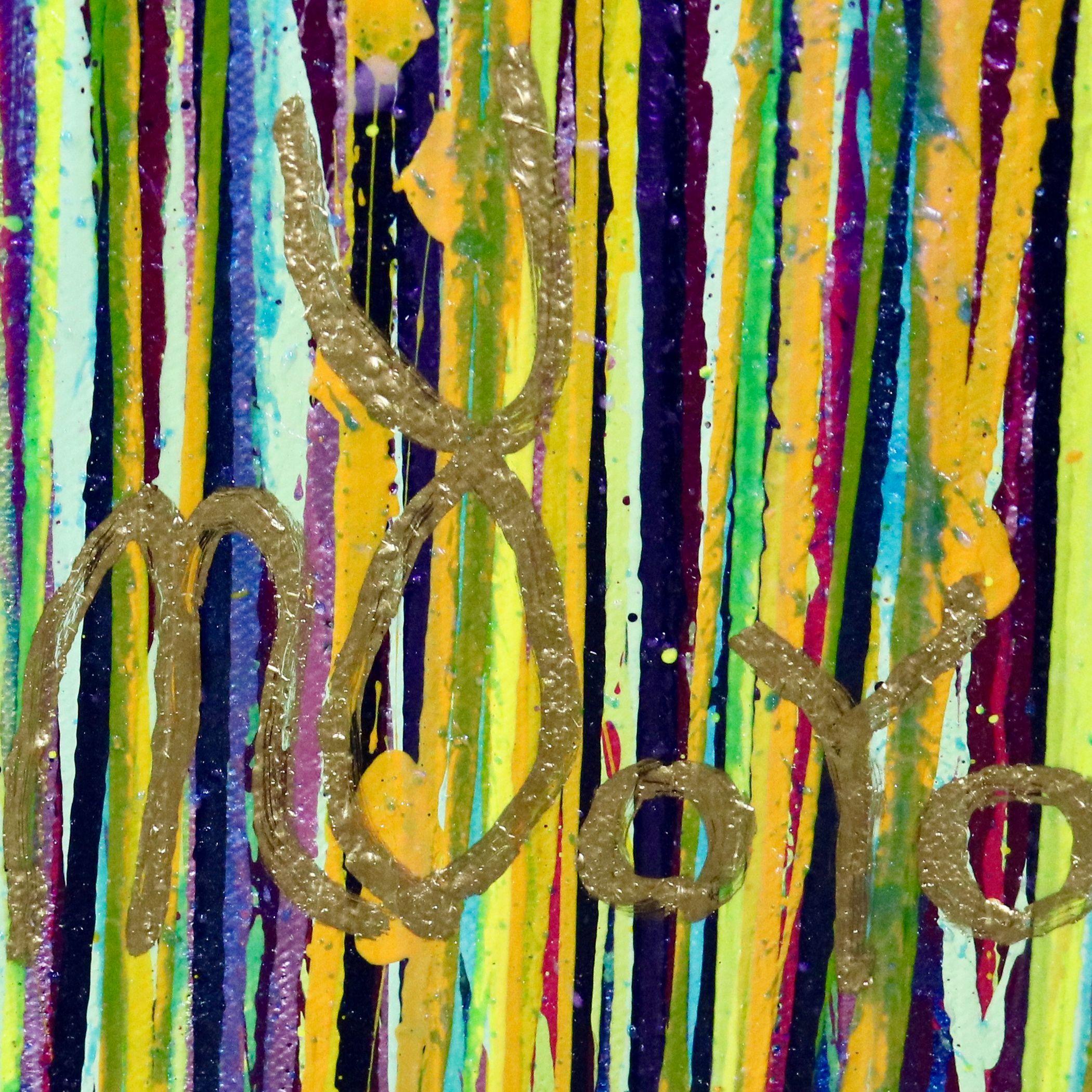 Espressivo astratto moderno iridescente, audace e pieno di vita, lucido e scintillante! Ispirato alla natura, molti colori combinati con particelle di mica. sfumature di verde, viola, giallo, blu e vernice trasparente su blu iridescente. firmato