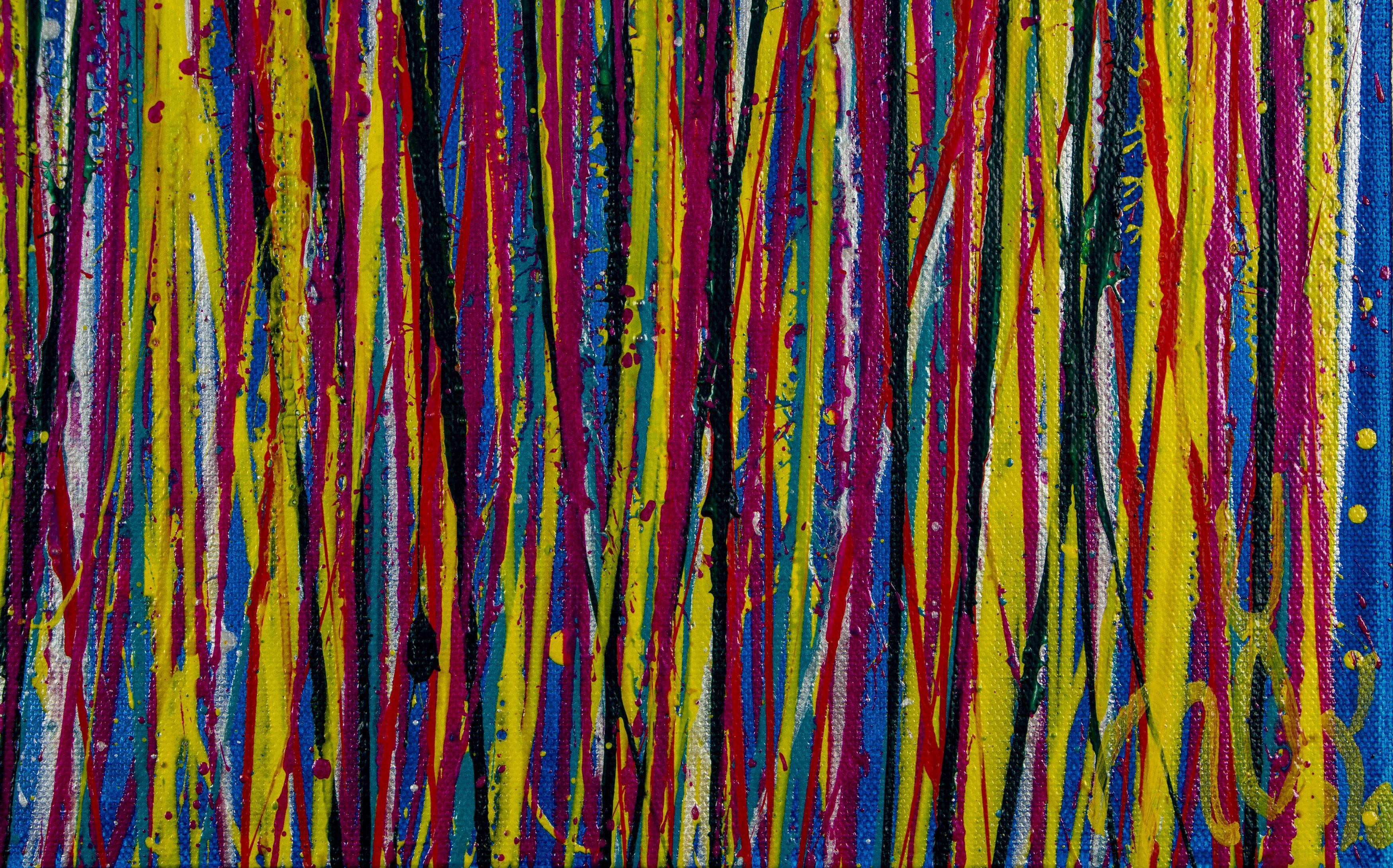 Pintura: Acrílico sobre lienzo.    Expresivo abstracto moderno, audaz lleno de vida, brillo y resplandor! inspirado en la naturaleza. Tonos de rojo fluorescente, amarillo y verde sobre verde cerceta. Firmado delante con tinta amarilla.    Incluyo un