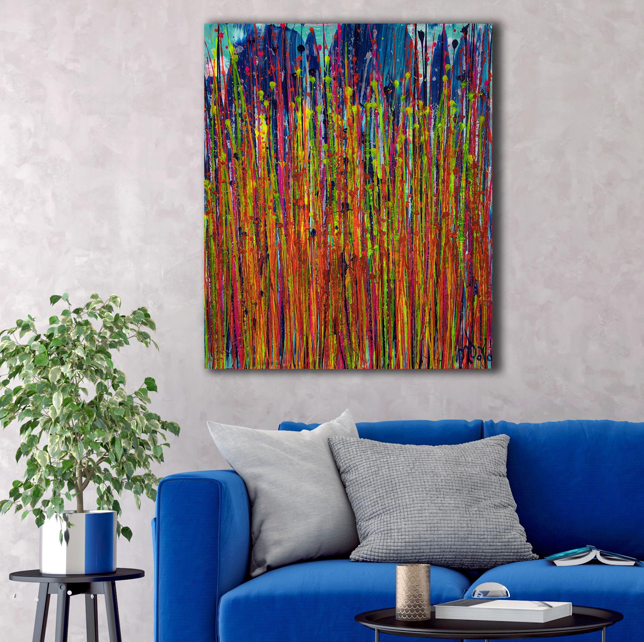 Painting: Acrylic on Canvas.    Expressive modern abstract, bold full of life, gloss and shimmer! inspired by nature. Shades of red, yellow, blue and pink over a teal and blue background. signed in front with blue ink.    I include a certificate of