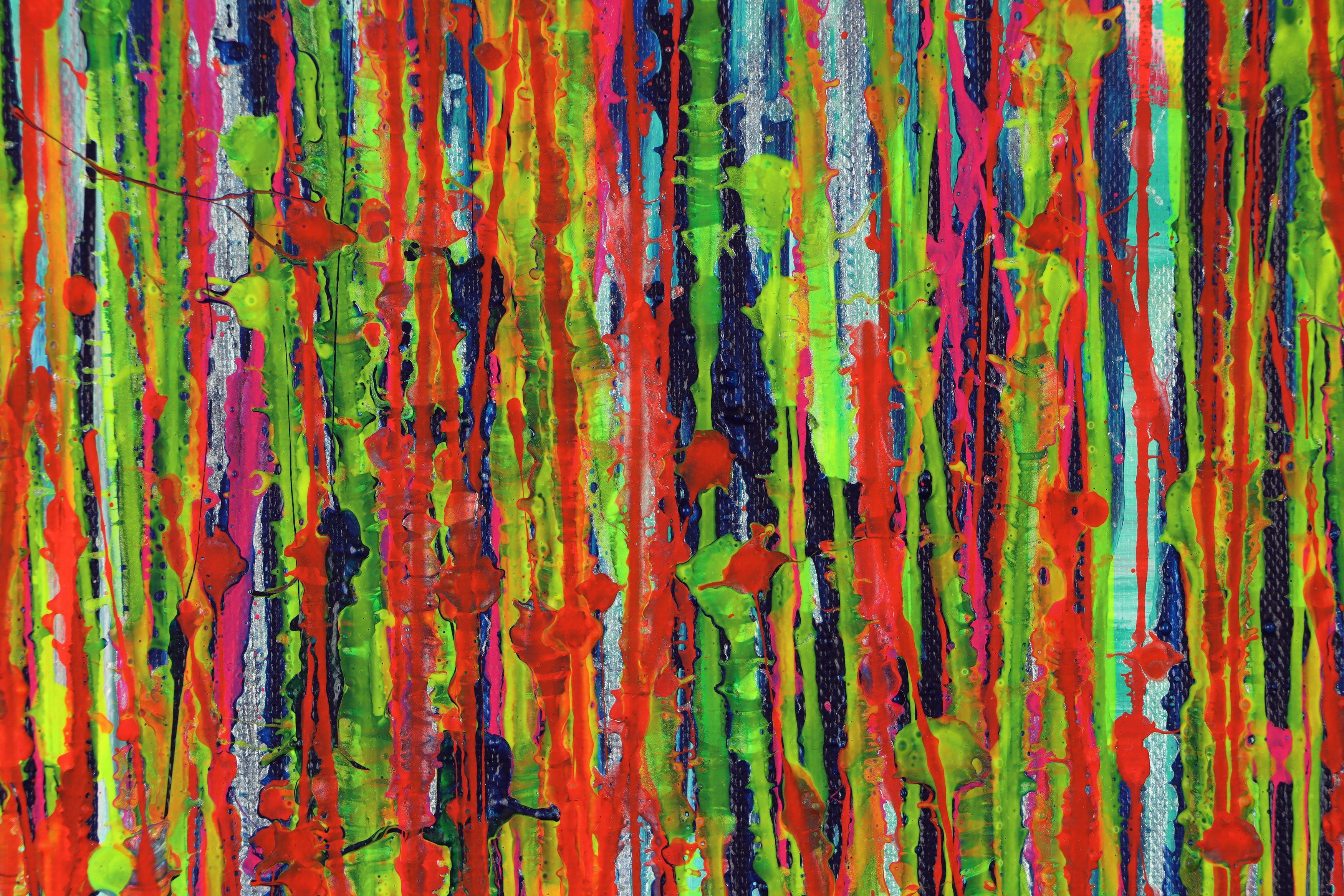 Pittura: Acrilico su tela.    Un astratto moderno ed espressivo, pieno di vita, lucentezza e brillantezza, ispirato alla natura. Sfumature di rosso, giallo, blu e rosa su uno sfondo verde acqua e blu. firmato sul davanti con inchiostro blu.   