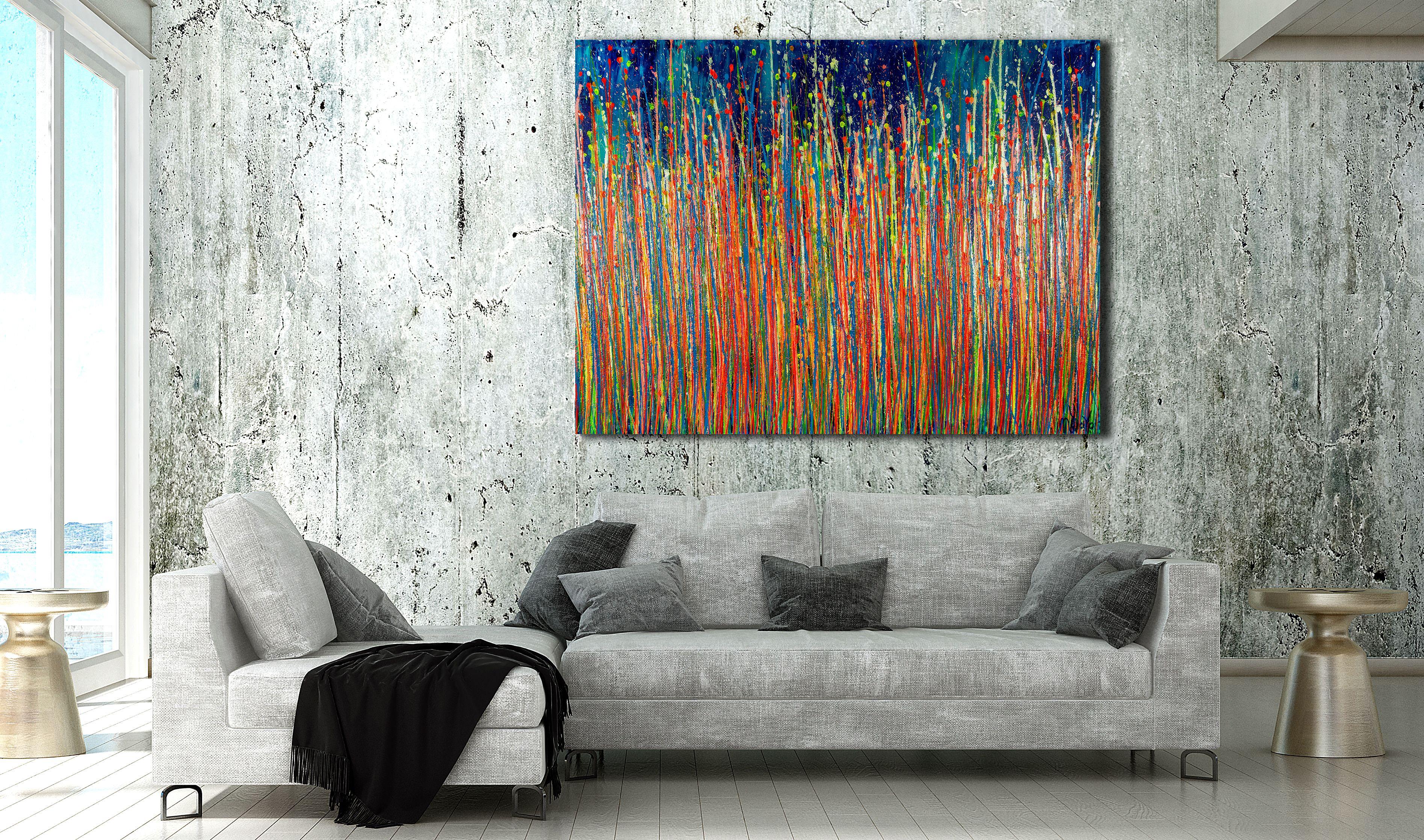 Painting: Acrylic on Canvas.    Expressive modern abstract, bold full of life, gloss and shimmer! inspired by nature. Shades of orange, yellow, green and turquoise with mica over a teal and blue background. signed in front with blue ink.    I