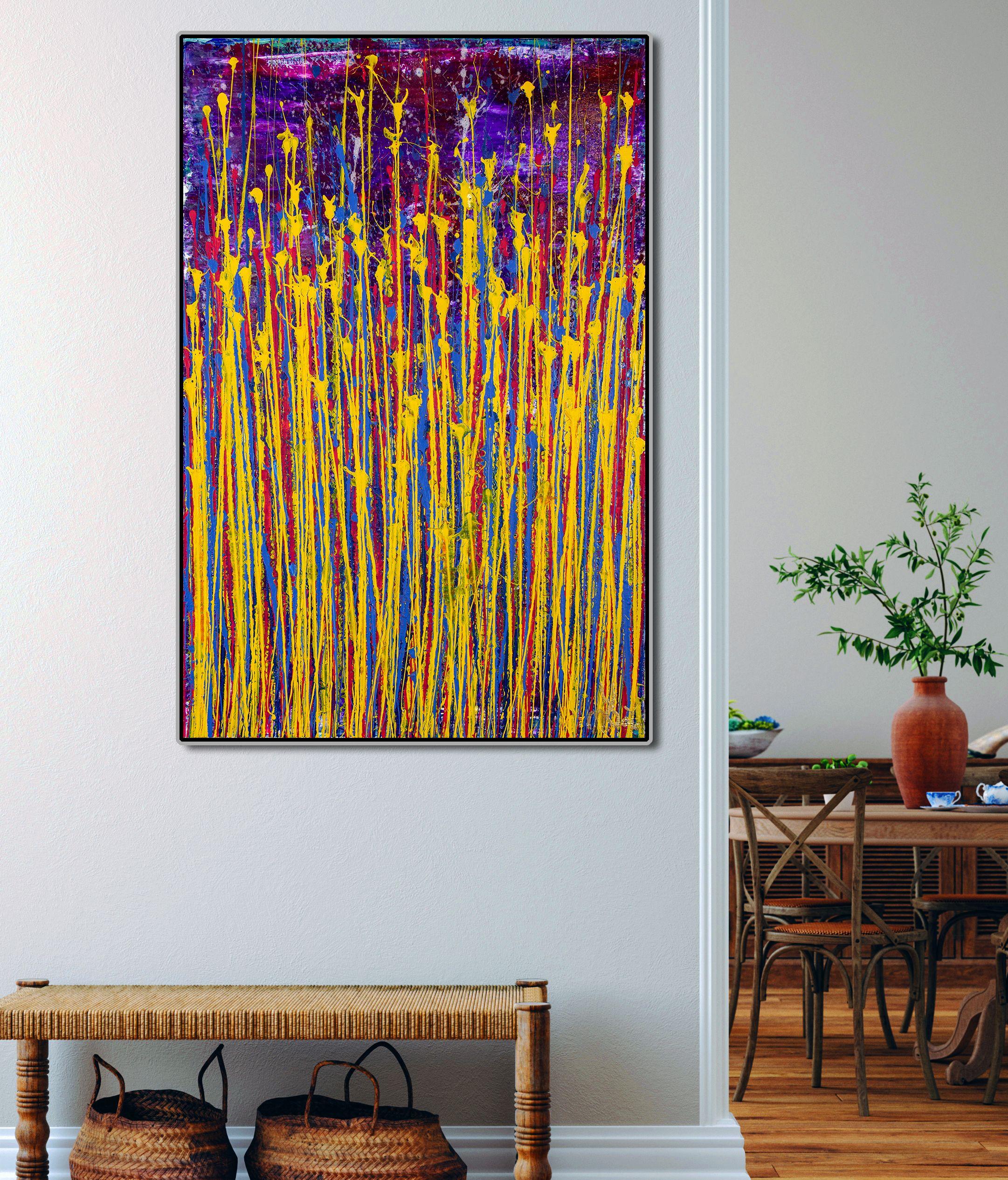 Expressive modern abstract, bold full of life, gloss and shimmer! inspired by nature, many shades and hues, red, purple, yellow, blue over bold purple background. signed in front.    I include a certificate of authenticity that lists the materials