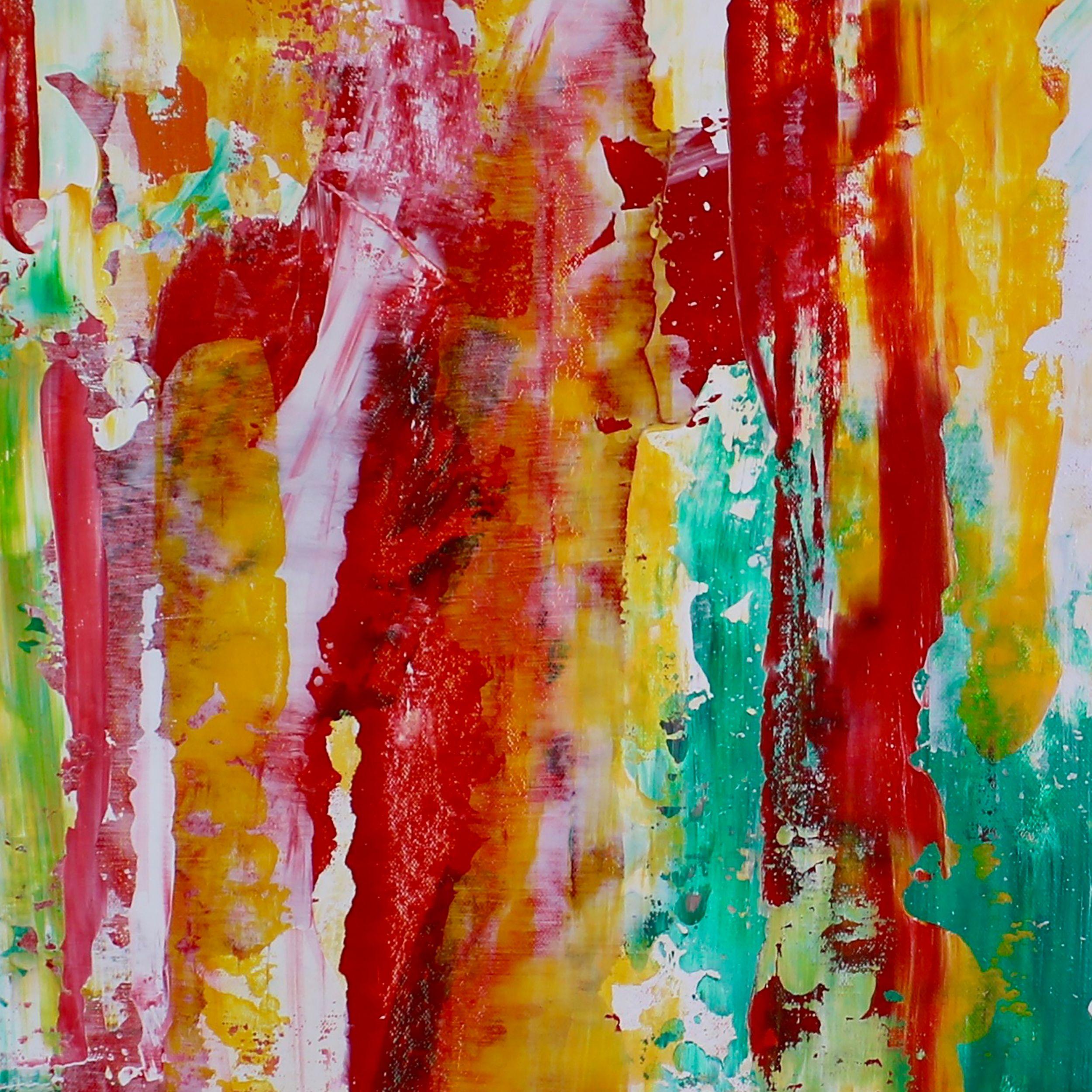 Pittura astratta di paesaggio con colori caldi e ricchi di sfumature, contrasti e dettagli di bordi ruvidi. Ho steso molti strati di gesso per preparare la tela e poi ho applicato i colori acrilici con spatole e coltelli per creare texture e forme