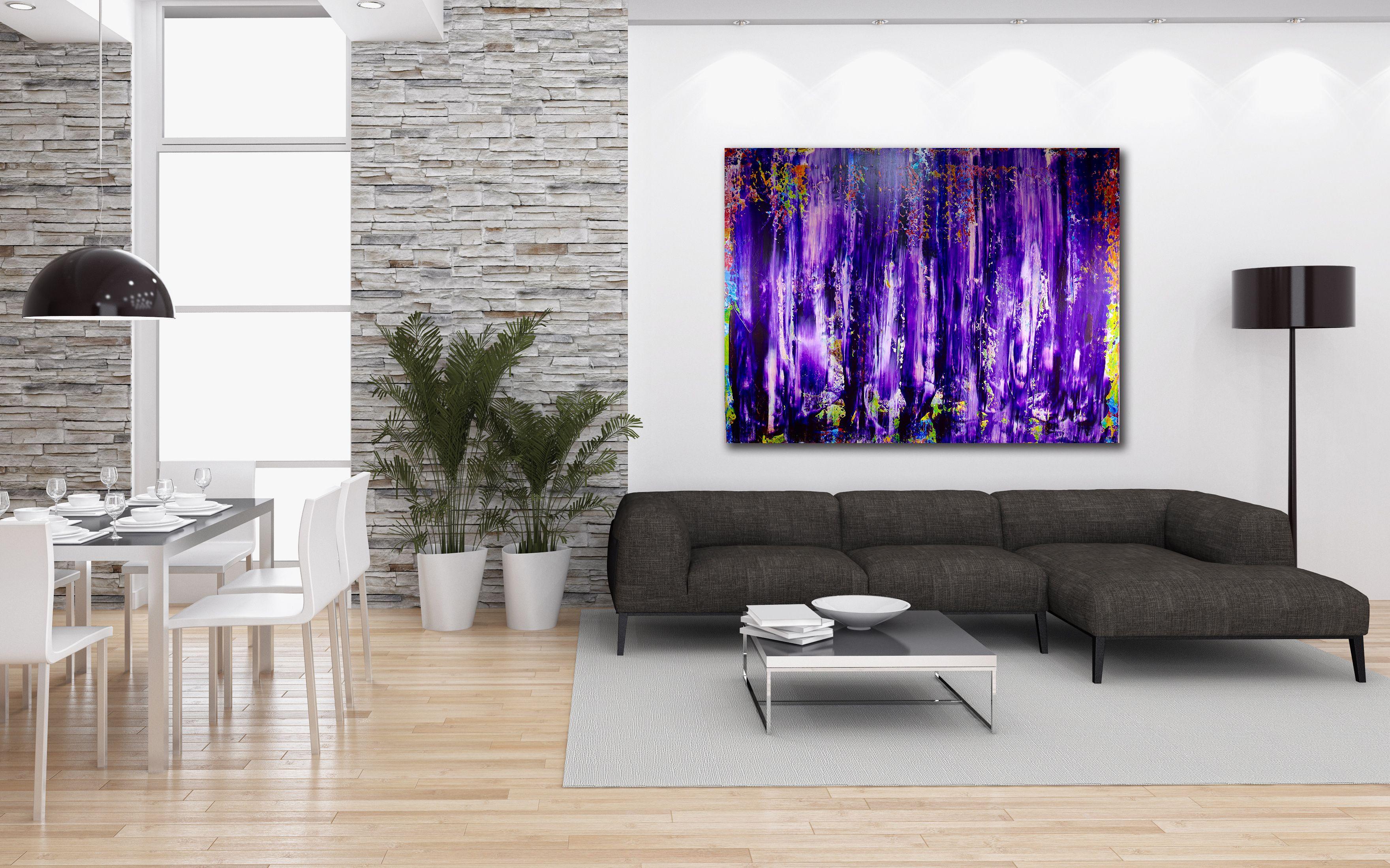 Painting: Acrylic on Canvas.    Purple colorfield abstract painting layered with gesso. completed using palette knives. Many shades of purple, blue and iridescent mediums.       **Signed and ready to hang with a hook on back - No Framing Needed**   