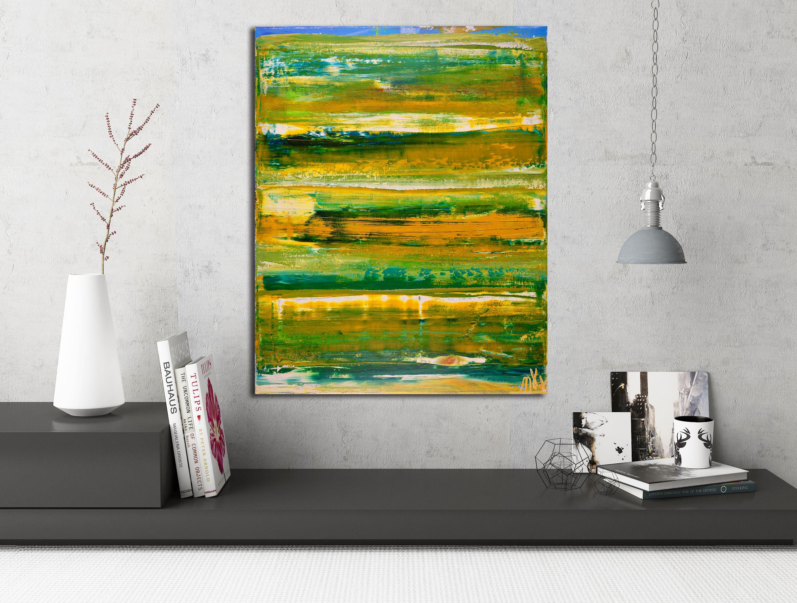 Pittura acrilica astratta di paesaggio dai colori vivaci e contrastanti. Texture e stratificazione con acrilici fluidi e traslucidi e medium iridescenti.    **Firmato e pronto per essere appeso con un gancio sul retro - Non è necessario