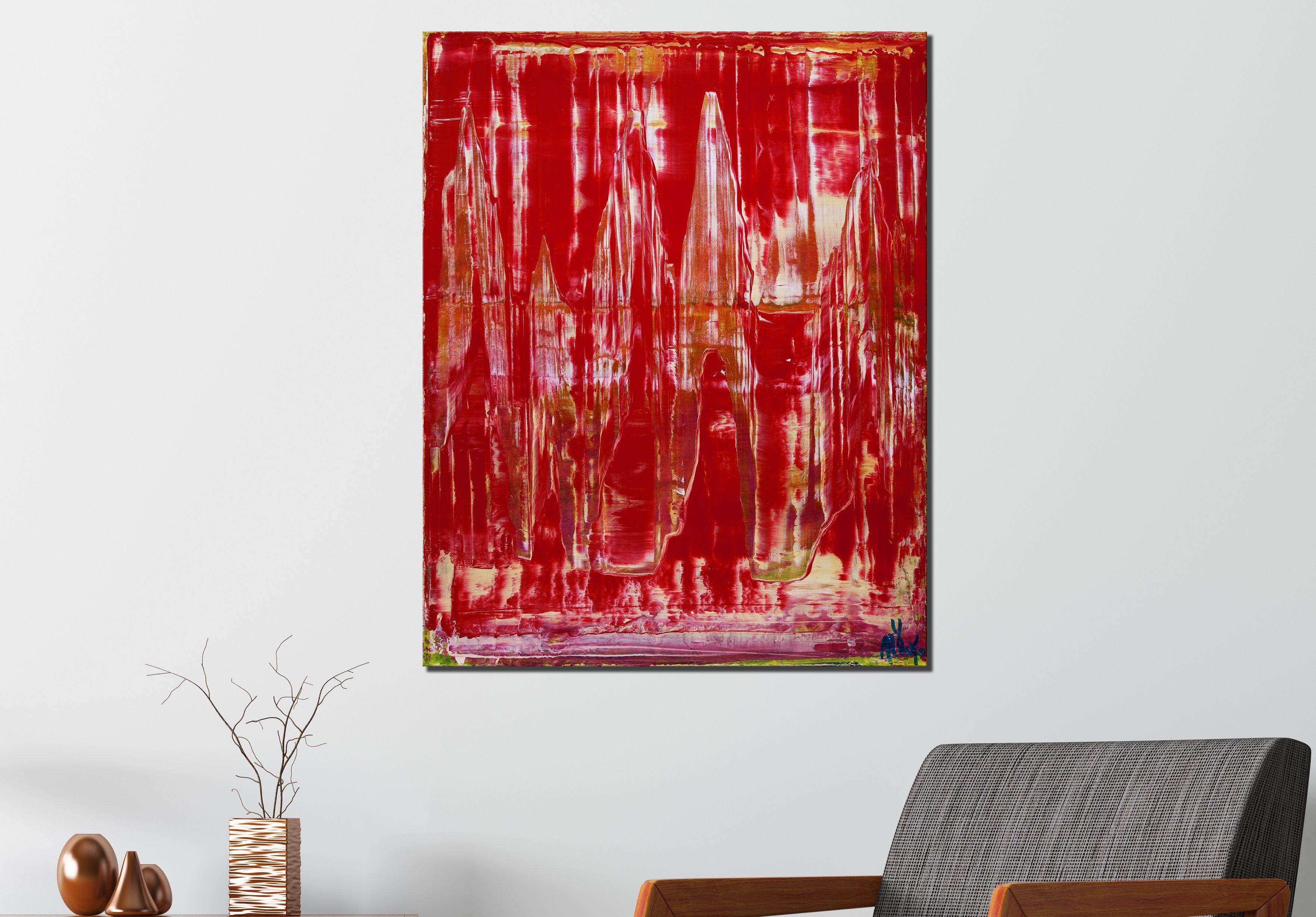 Fiery abstract painting mainly red with dents and gold/copper tones. Ready to hang and signed in front.    I include a certificate of authenticity that lists the materials as well as when the painting was completed. Fine high quality materials such
