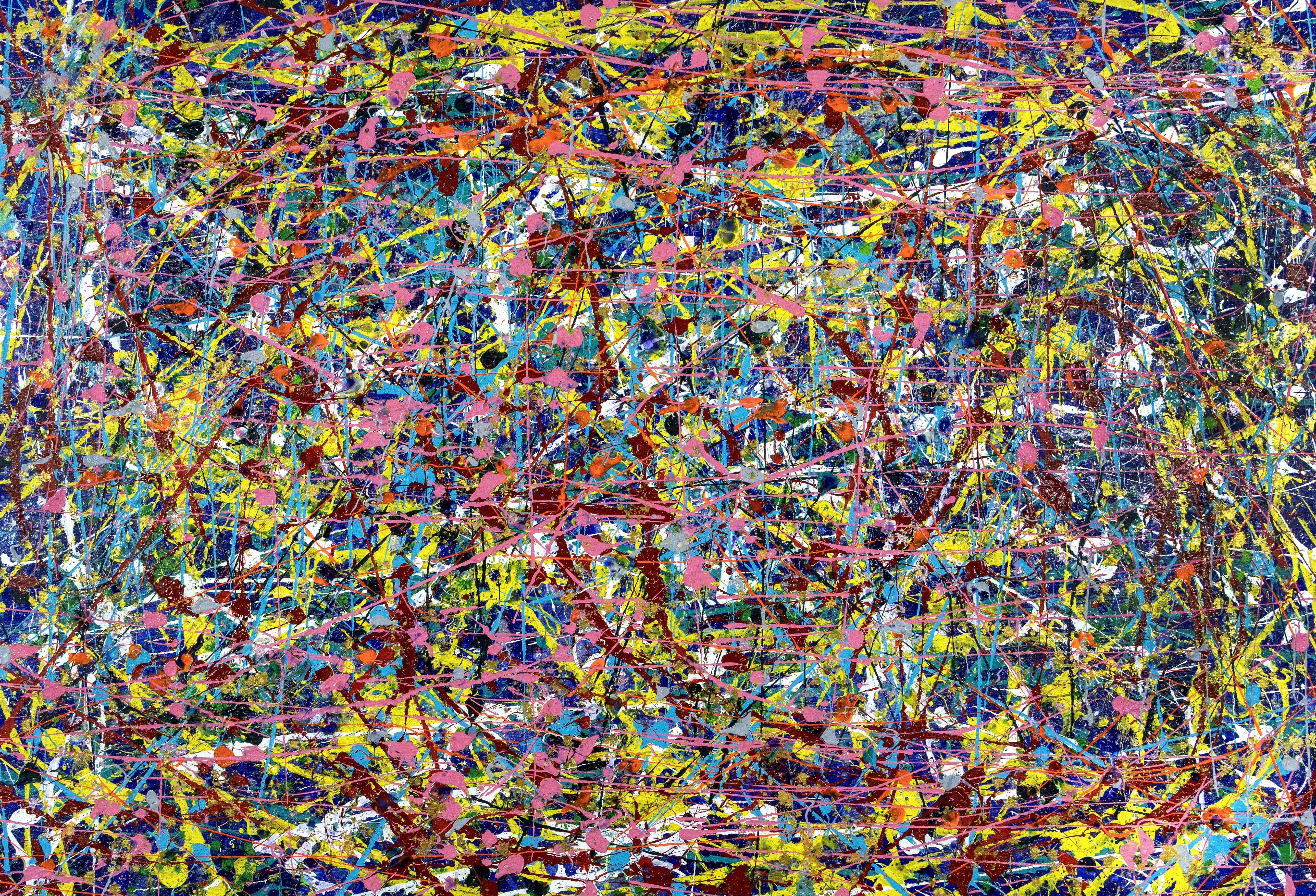 Passionate multi-color action abstract painting inspired by Pollock. Many layers of paint including Purple, yellow, red, blue, white, silver, pink, teal... Large statement artwork. Signed on request, can be display in multiple orientations.     