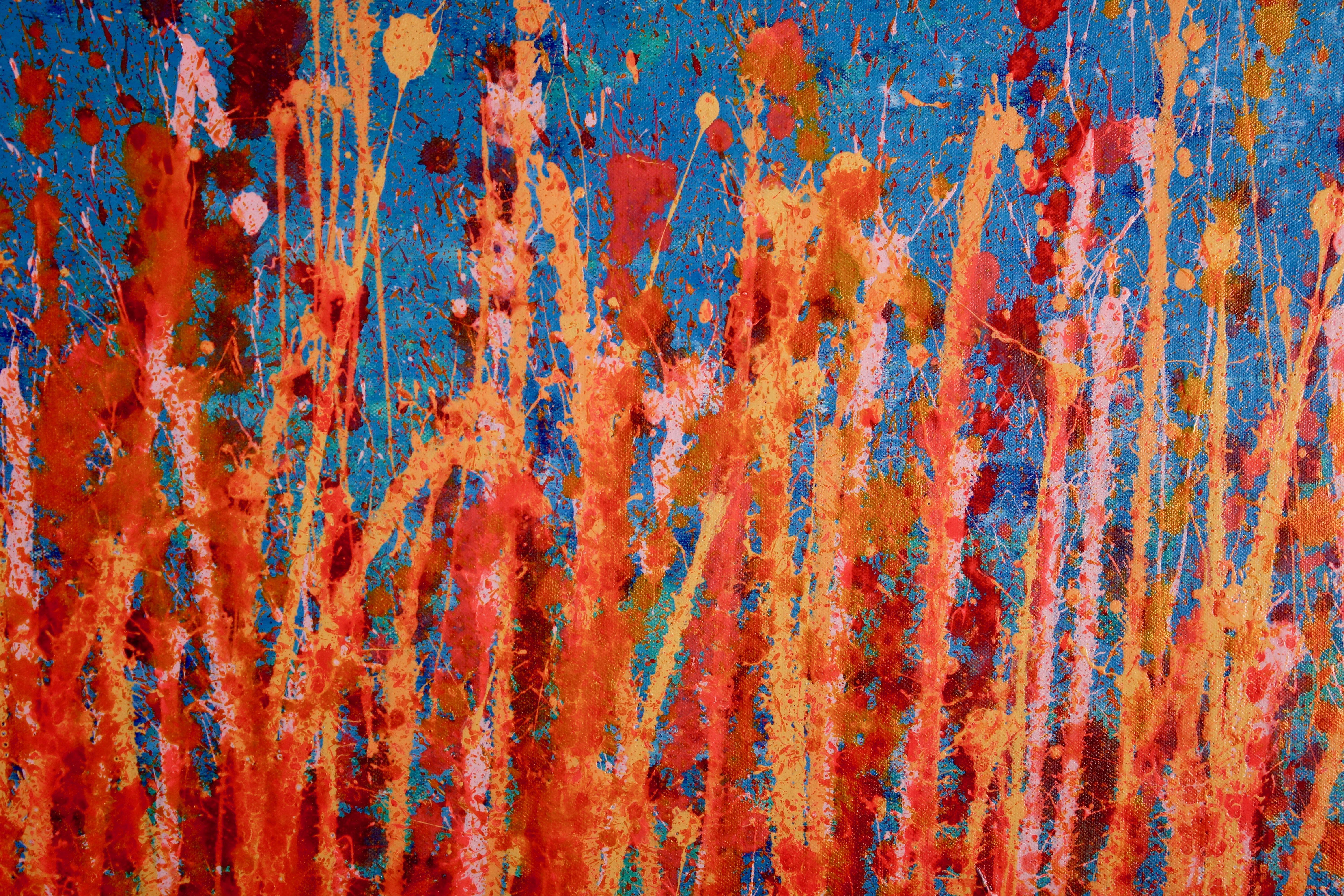 Striking and bold color combination, orange and blue in gestural paint strokes over and over again. Textured and layered with fluid translucent acrylics and iridescent mediums.    ORIGINAL FINE ABSTRACTS - ONE OF A KIND!  I only make original works.