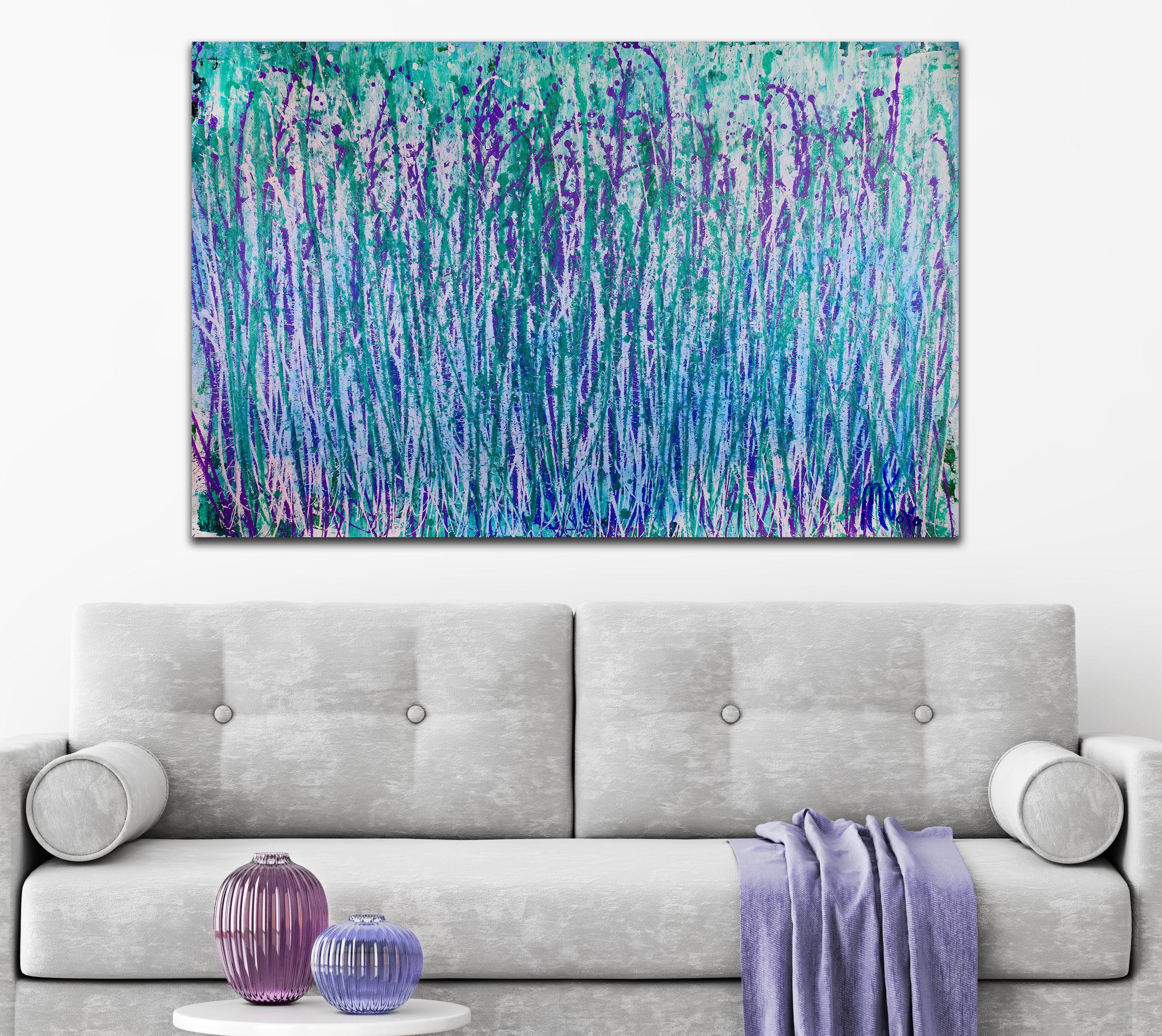 Striking and bold color combination, blues and greens in gestural paint strokes over and over again. Textured and layered with fluid translucent acrylics and iridescent, metallic mediums. Very reflective piece!     ORIGINAL FINE ABSTRACTS - ONE OF A