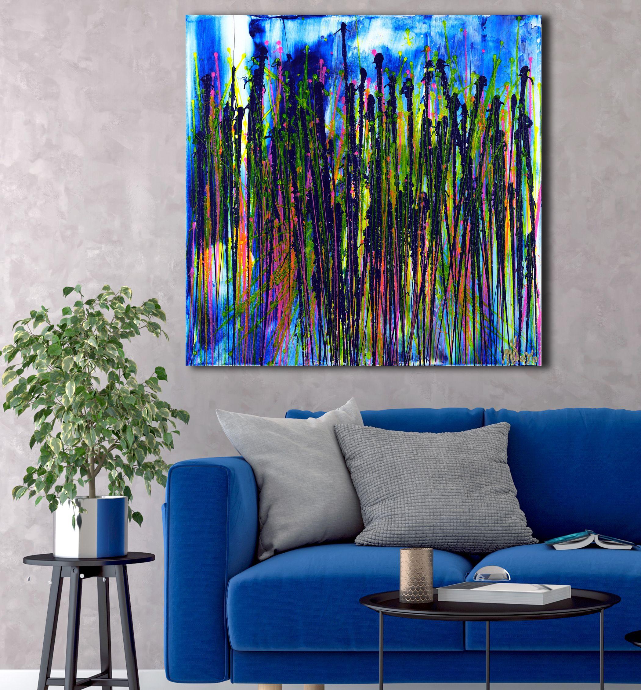 Expressive modern fiery abstract, bold full of life, gloss and shimmer! inspired by nature, many of bright tones combined with mica particles and iridescent drizzles over metallic iridescent blue. Ready to hang and signed. Gallery profile canvas.   