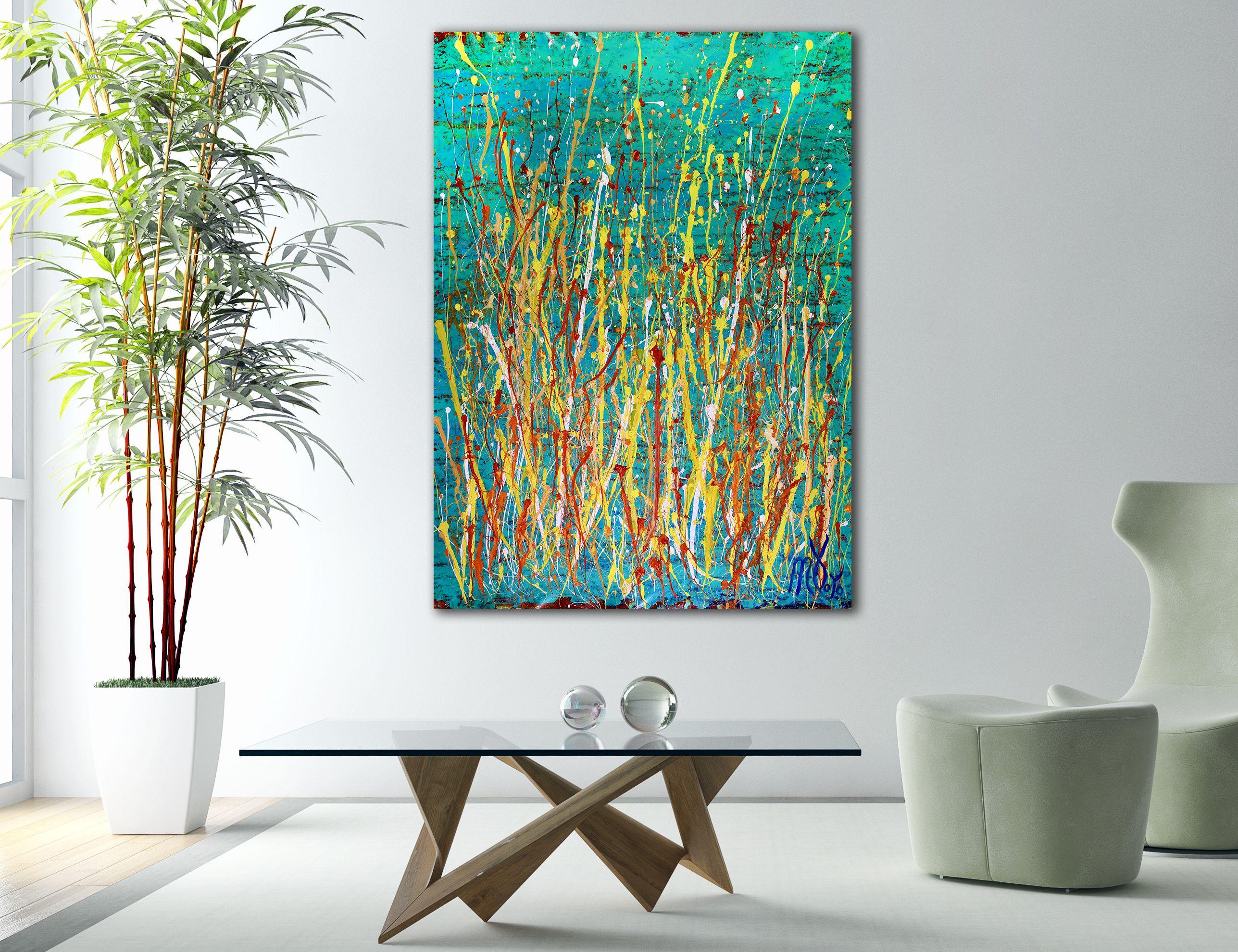 NATURE INSPIRED ABSTRACT - LOTS OF PAINT DRIZZLES!     This abstract painting is very layered with aqua green background and, yellow, orange and white paint strokes. Beautiful active gestural statement piece. Signed.    I only make original works.