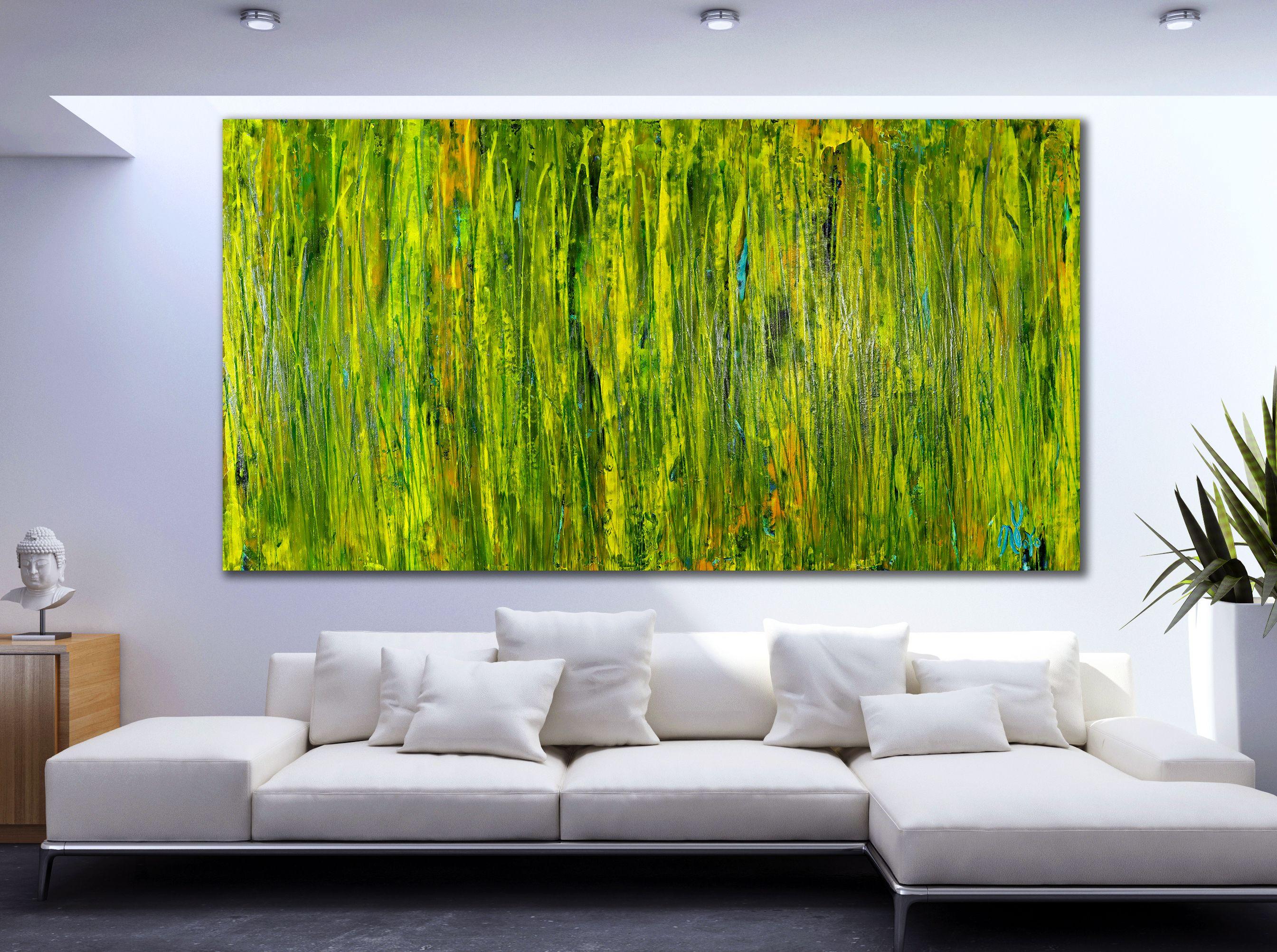 Expressive modern abstract, bold full of life, gloss and shimmer! inspired by nature, many shades of green and blue combined with mica particles and iridescent silver drizzles. Signed in front.    I include a certificate of authenticity that lists