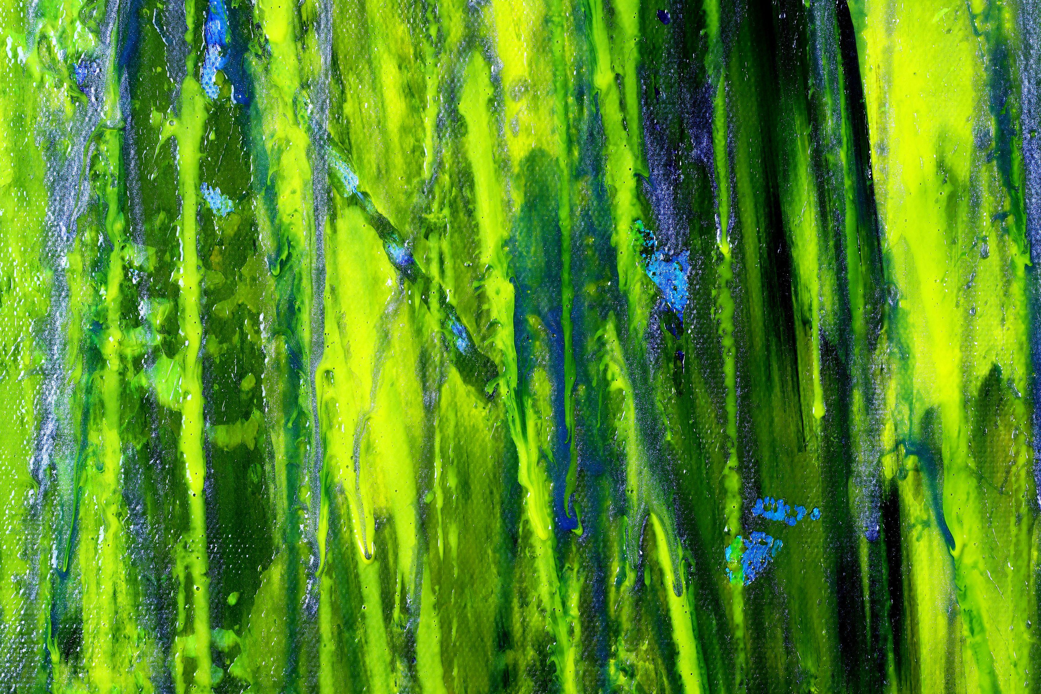 Abstrait moderne expressif, audacieux et plein de vie, brillant et chatoyant ! Inspiré par la nature, de nombreuses nuances de vert et de bleu combinées avec des particules de mica et des gouttes d'argent irisées. Signé au recto.    Je joins un