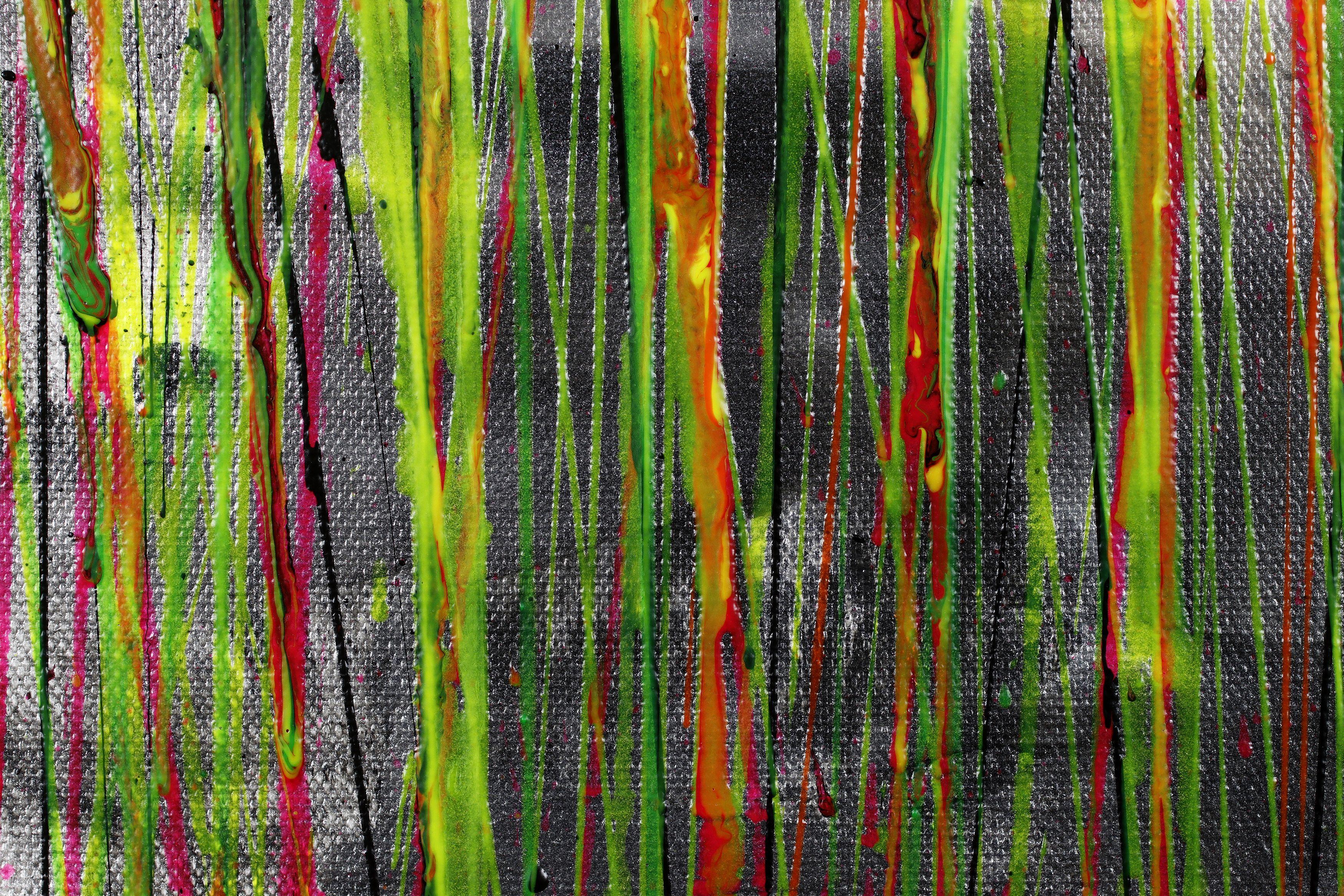 Modern iridescent abstract artwork with many dynamic drizzles and drips in iridescent pink, purple, yellow... over metallic silver and black. Signed in front.    I include a certificate of authenticity that lists the materials as well as when the