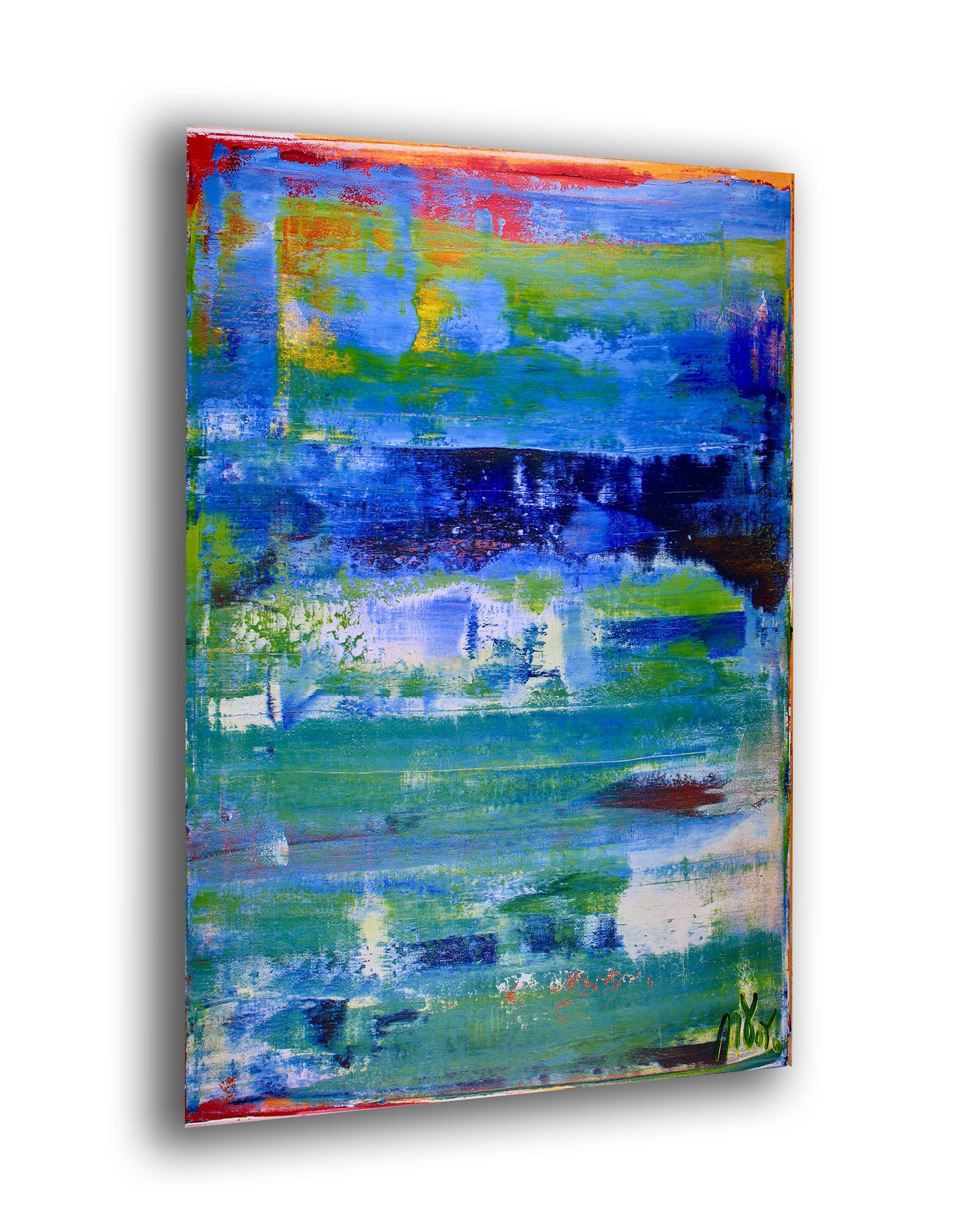 Leuchtend gelbe, blaue und grüne Farben, die sich vermischen und alle Schattierungen miteinander verschmelzen. Signiert, fertig zum Aufhängen. Frühling Inspiriert     ORIGINALE FEINE ABSTRAKTE - EINZIGARTIG!  Ich mache nur Originalarbeiten. Jedes