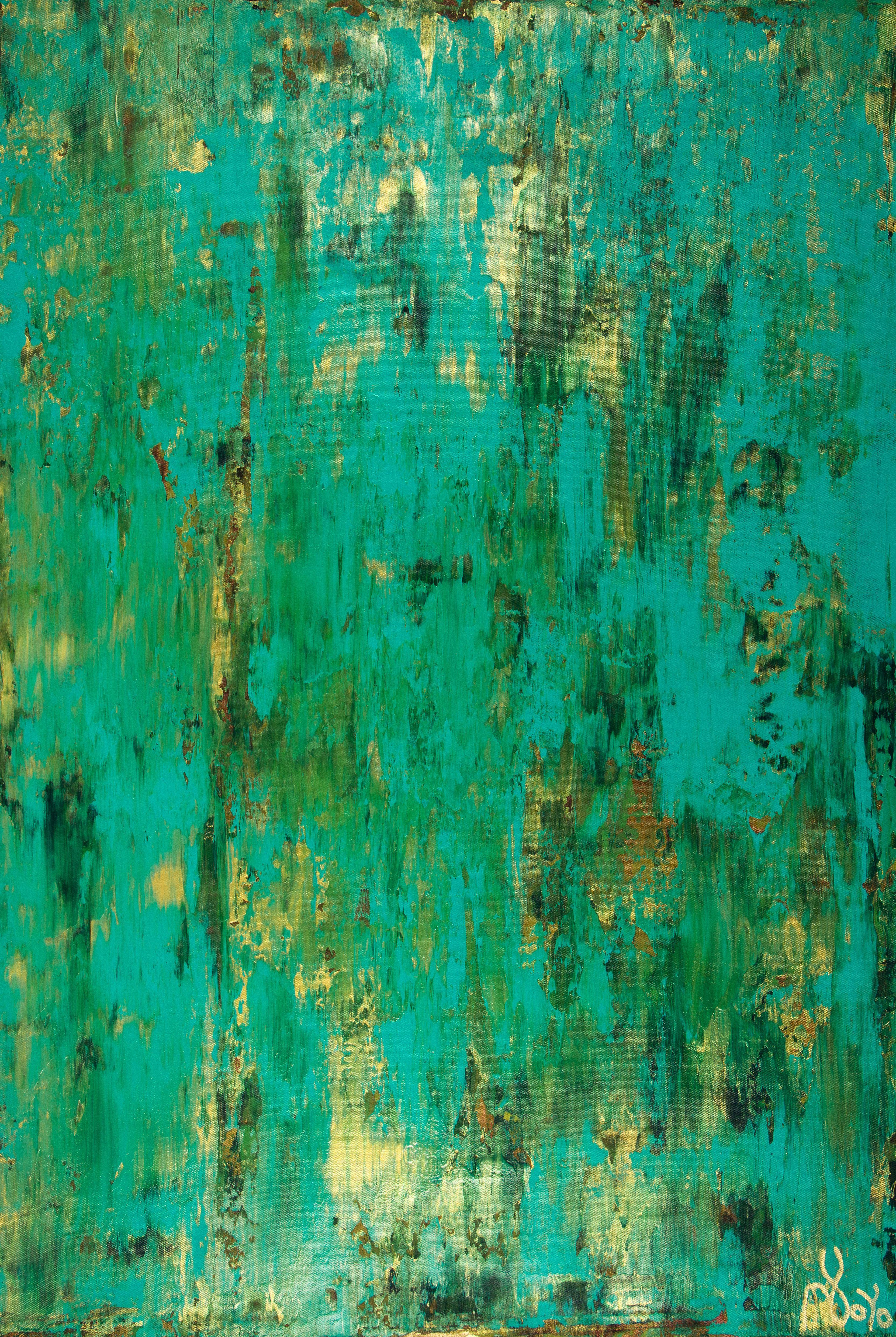 Abstract Painting di Nestor Toro - Panorama di smeraldo (intrusioni d'oro), Pittura, Acrilico su tela