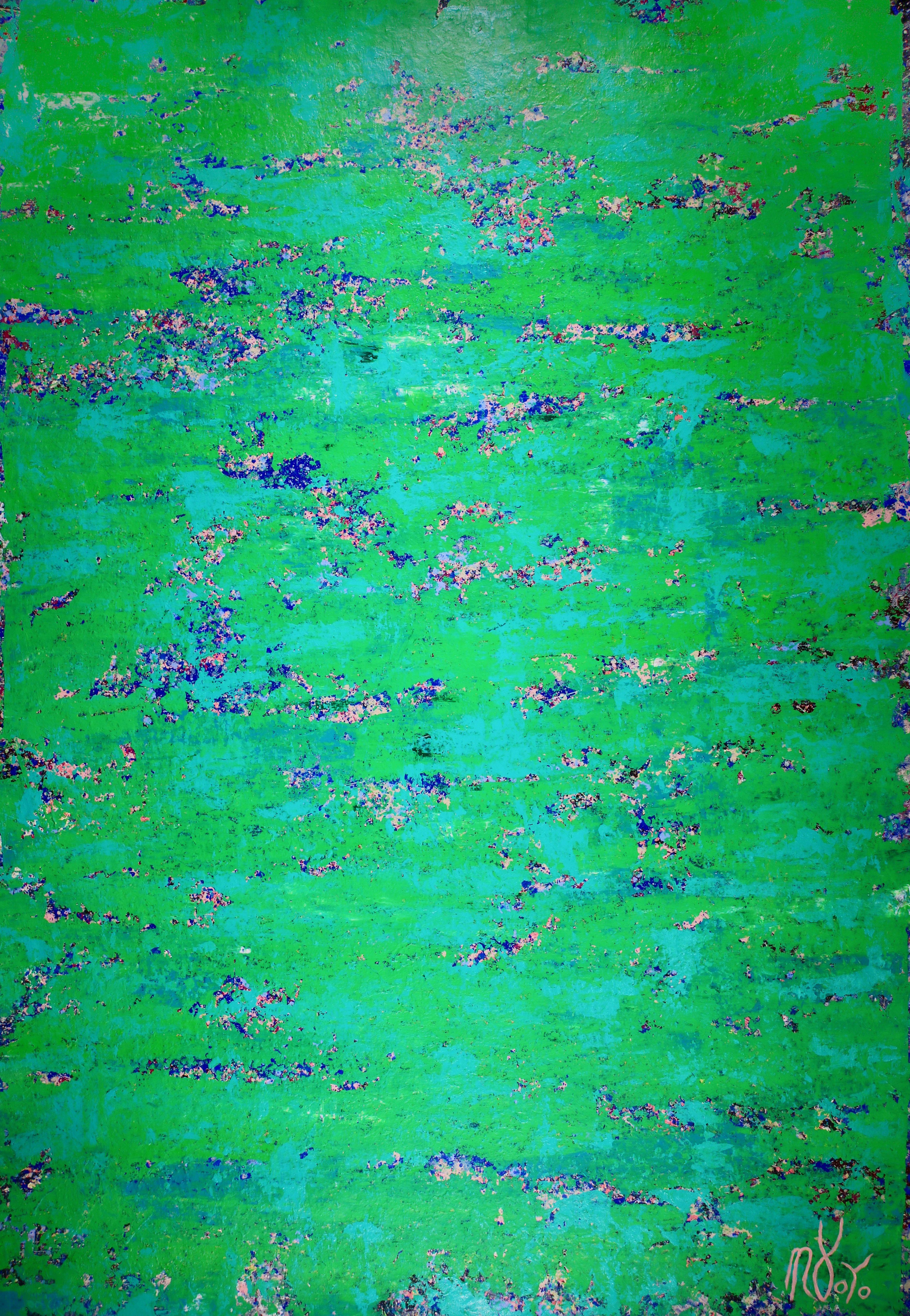 UN CAMPO DI COLORE VERDE SMERALDO DI GRANDE IMPATTO!     XXL Contemplativo, audace, ispirato all'incredibile varietà della gemma da cui prende il nome - Opera d'arte dichiarata. Pittura organica gestuale con molte sfumature di verde, verde acqua e