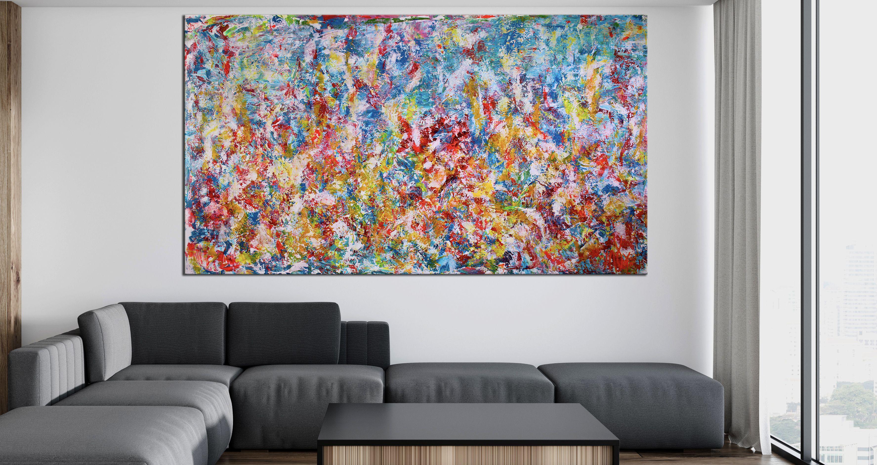 IMPACTFUL ABSTRACT INSPIRED BY NATURE!       Contrasting, bright color blending and textured with many shades of green, yellow tones and shades, bright orange, reds and lots of white. This is an iridescent painting mica particle were mixed with the