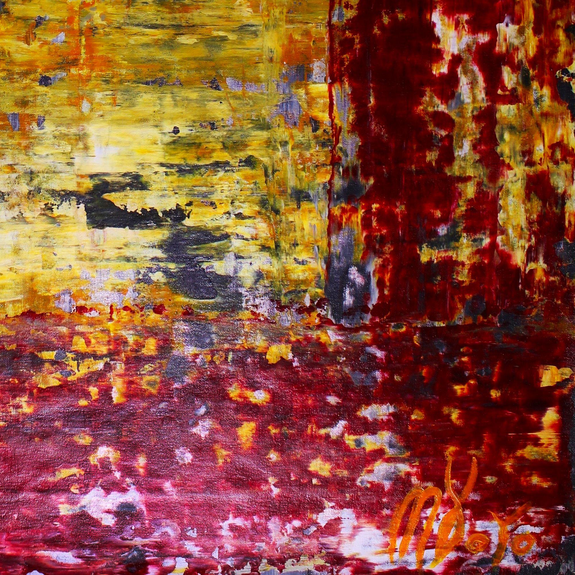 Textured, bold and contemplative with lots of energy and depth. Textured with crimson shades, yellow and purple undertones. High grade Golden acrylics and Windsor and newton inks over triple primed lose canvas. Signed.    ORIGINAL FINE ABSTRACTS -